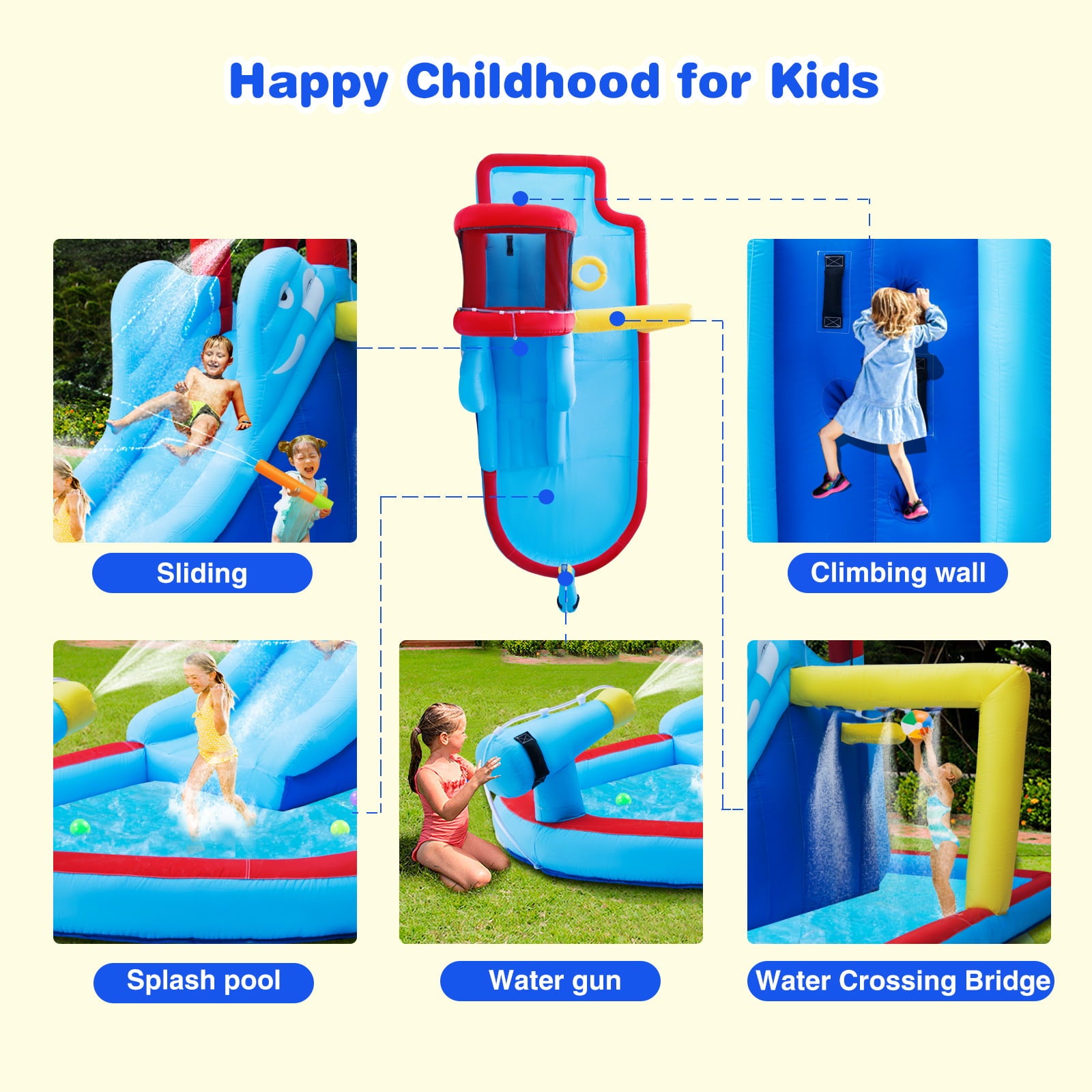 JOYLDIAS Kids Inflatable Bounce House Water Slide Bouncer Playhouse Castle with 3 Water Guns， Splash Pool， Climbing Wall， Basketball Hoop， Bag， Air Blower