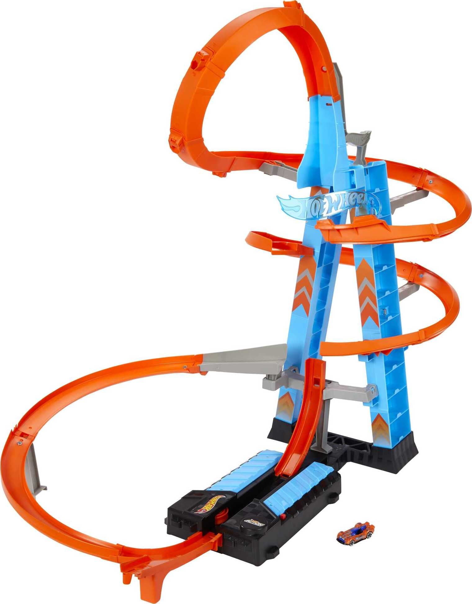 Hot Wheels Sky Crash Tower Motorized Track Set with Car， Stores 20+ 1:64 Scale Cars