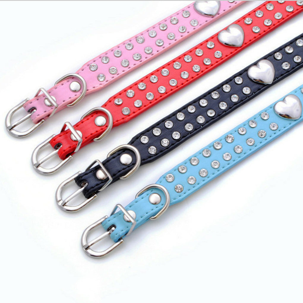 Pet Collar Rhinestones Crystal Heart PU Leather Pet Necklace Jewelry Holiday Gift，Blue，XXS