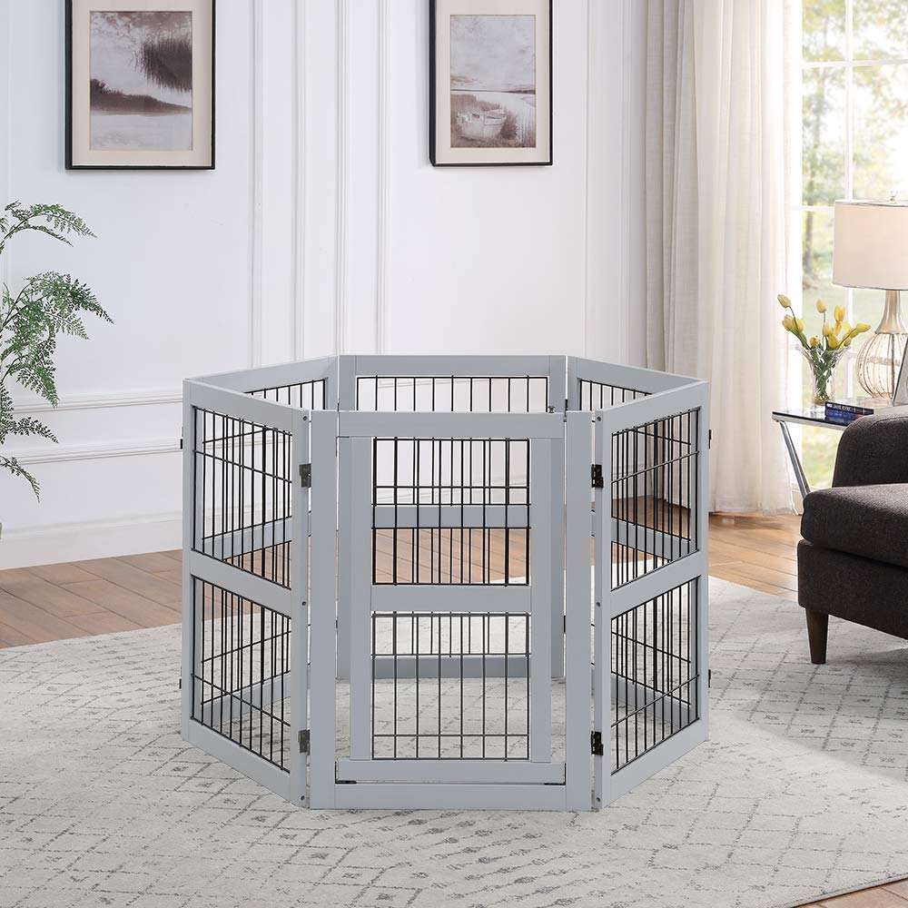 Unipaws Freestanding Wire Pet Gate， Playpen for Dogs with Walk Through Door and 4 Support Feet， Portable Puppy Exercise Pen Dog Fence