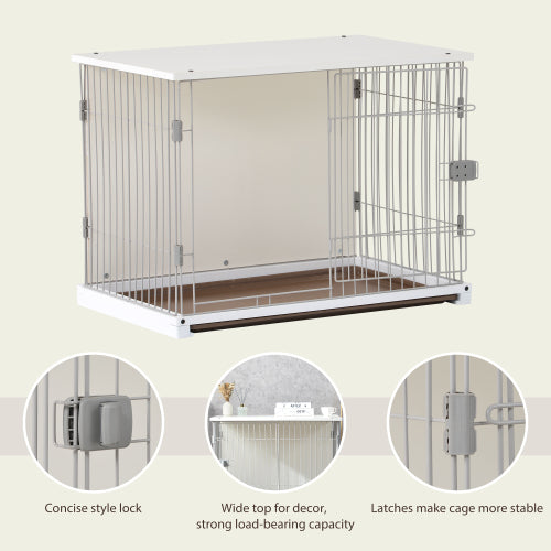 White Dog Crate， 34” Length Single Door Pet Dog House Cage with Movable Salver