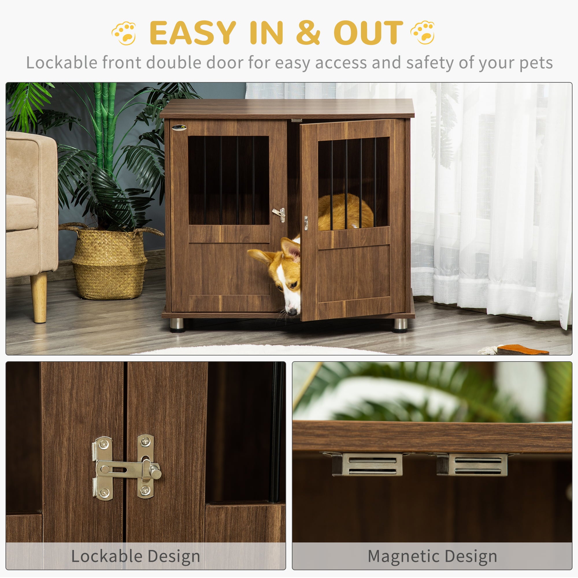 PawHut Furniture Style Dog Crate， Wooden and Wire End Table， Small and Medium Pet Crate with Magnetic Double Door Indoor Decorative Dog Kennel Cage， Brown