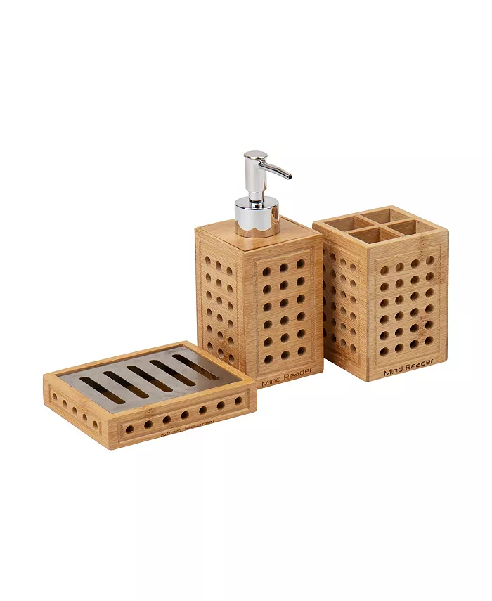 Mind Reader Lattice Collection， Soap Dish， Liquid Soap Dispenser， and Toothbrush Holder Set， Bathroom， Rayon from Bamboo