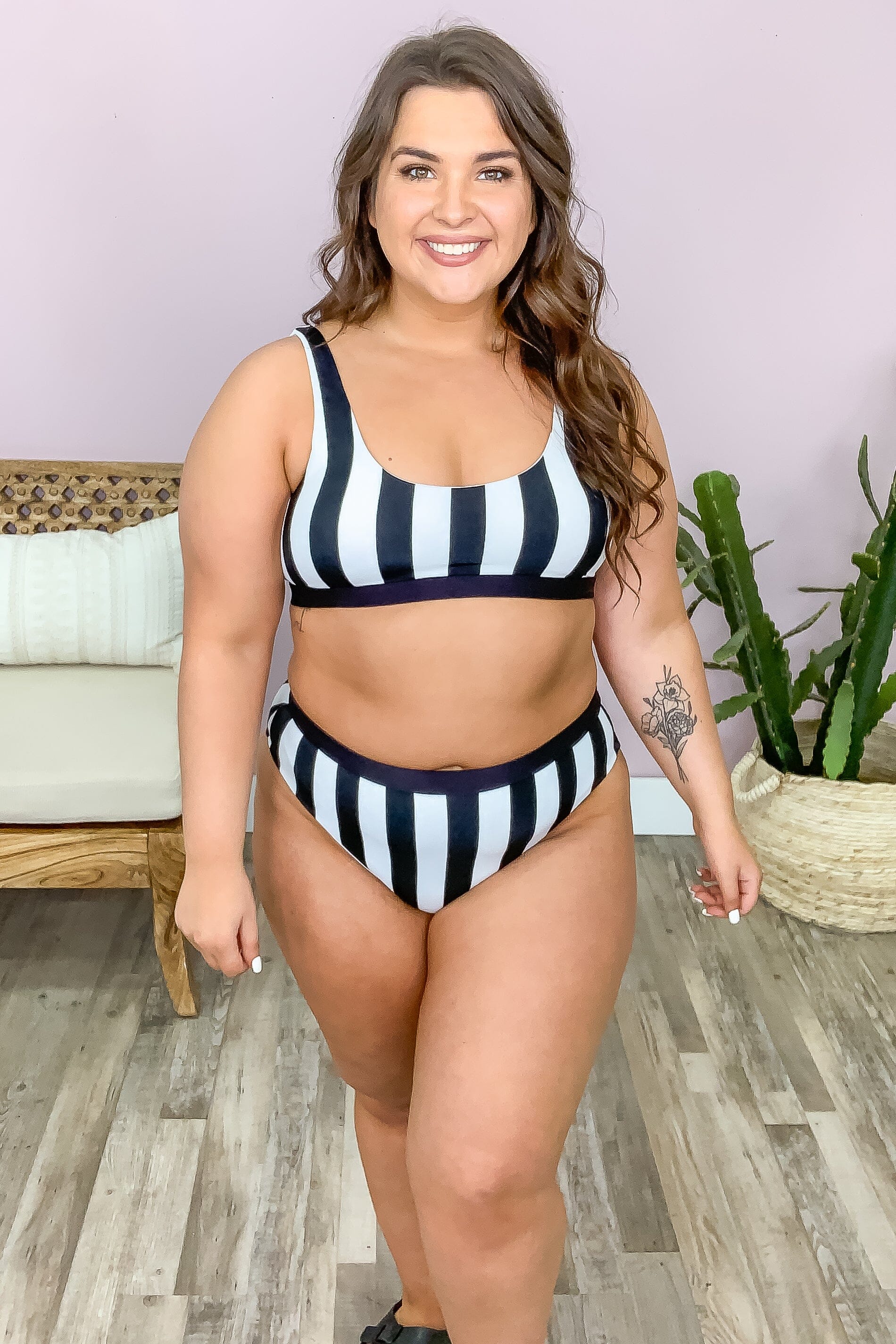 White and Black Stripe Two Piece Swimsuit