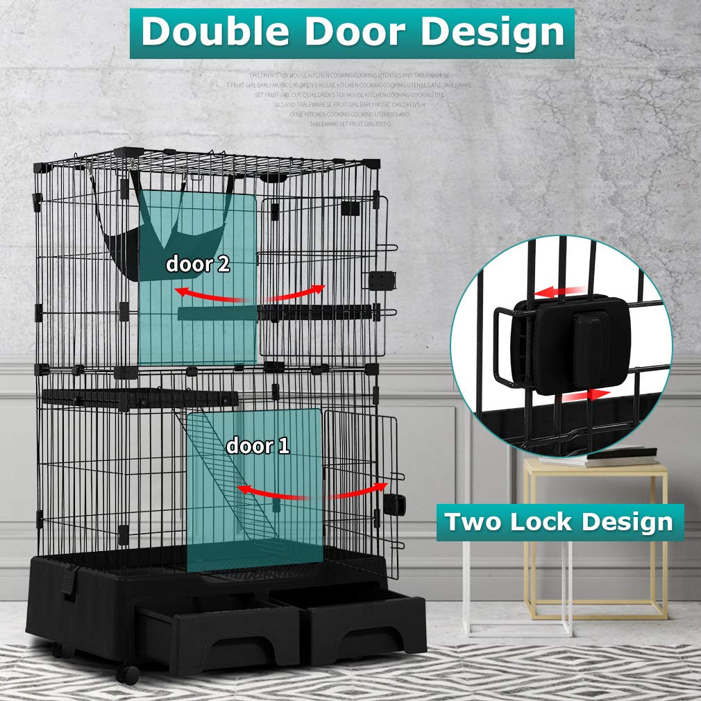 3-Tier Cat Cage Small Playpen Box Kennel Crate with 2 Front Doors， 52.3 Inch Height Cat House Furniture， Black