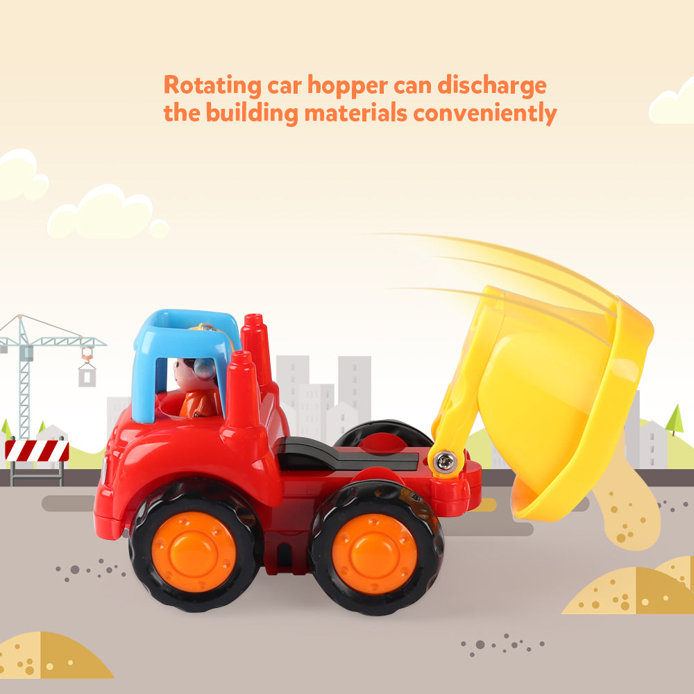 Coogam Friction Powered Cars Construction Vehicles Toy Set Cartoon Push and Go Car Tractor for 1 Year Old Boy(4 Pack)