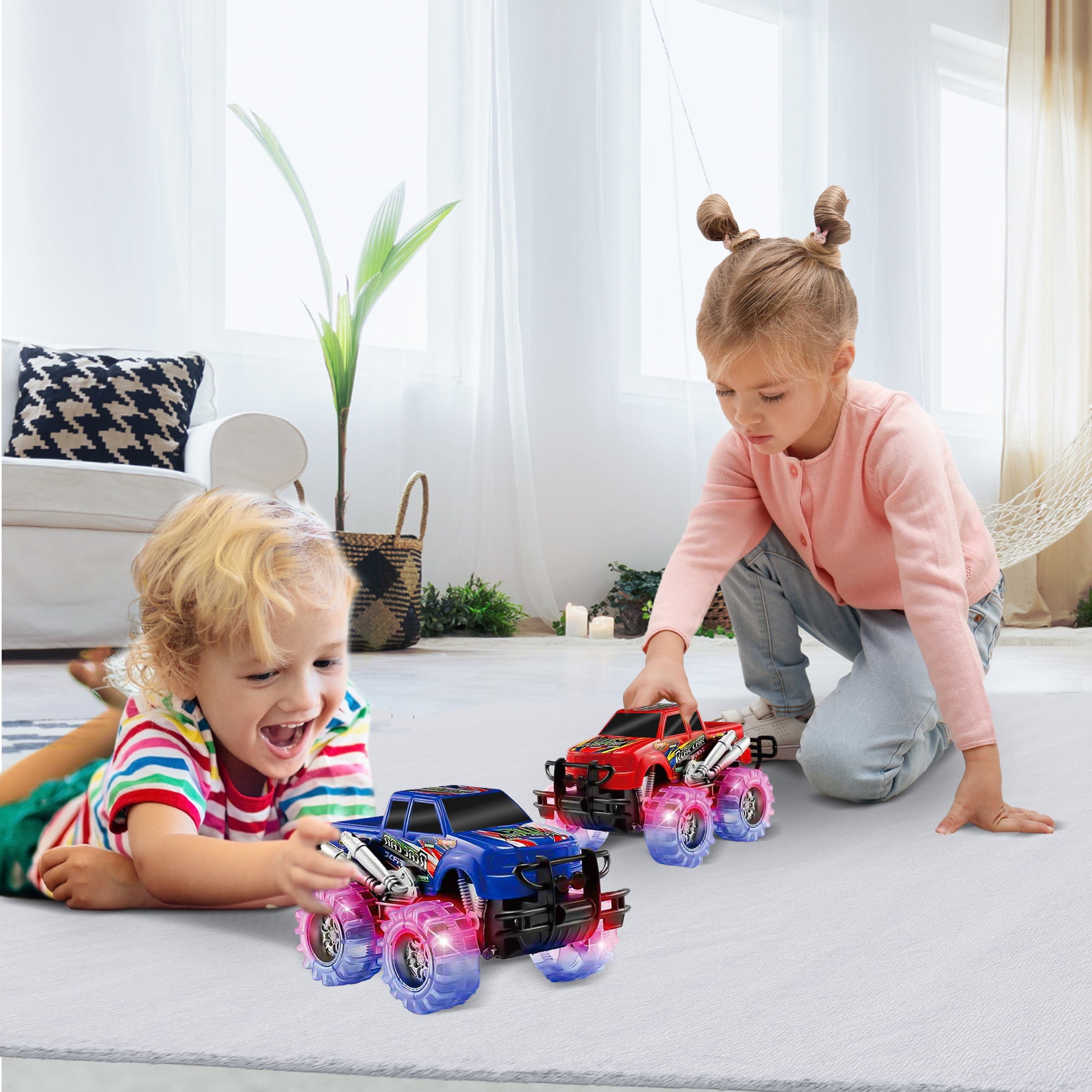 JoyX 2 Pack Light Up Monster Truck Car Toy with Beautiful Flashing LED Tires， Best Birthday Gift for Boy Girl Ages 3+， Push n Go Cars， Toy， Race Truck Car for Kid Party Favors and Daily Play