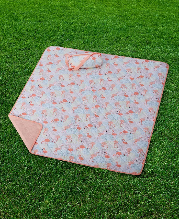 JLA Home Flamingo Party Printed Picnic Blanket Tote Set， 50