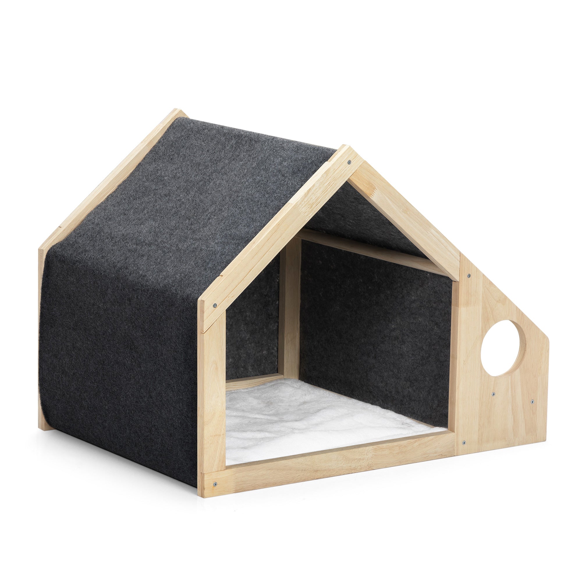 LANTRO JS 2 In 1 Wood Dog House Indoor， Cabin Dog Kennel with Cushioned Bed， Cover Scratcher， Feeding Bowls， Pet Habitat for Cats， Small and Medium Dogs， Natural and Gray