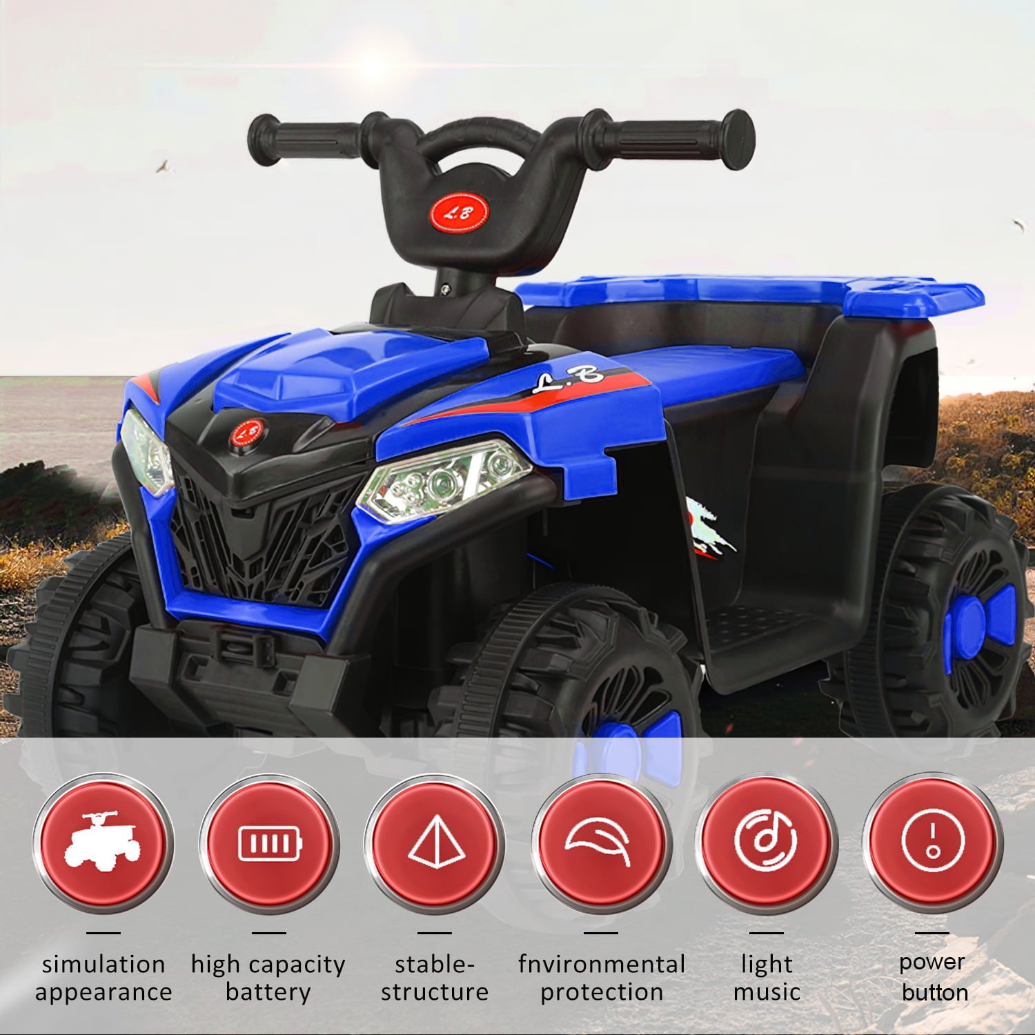 Werseon Kids Ride On ATV，Electric 4-Wheeler Car，6V Battery Powered Electric Vehicle with LED Lights， Blue