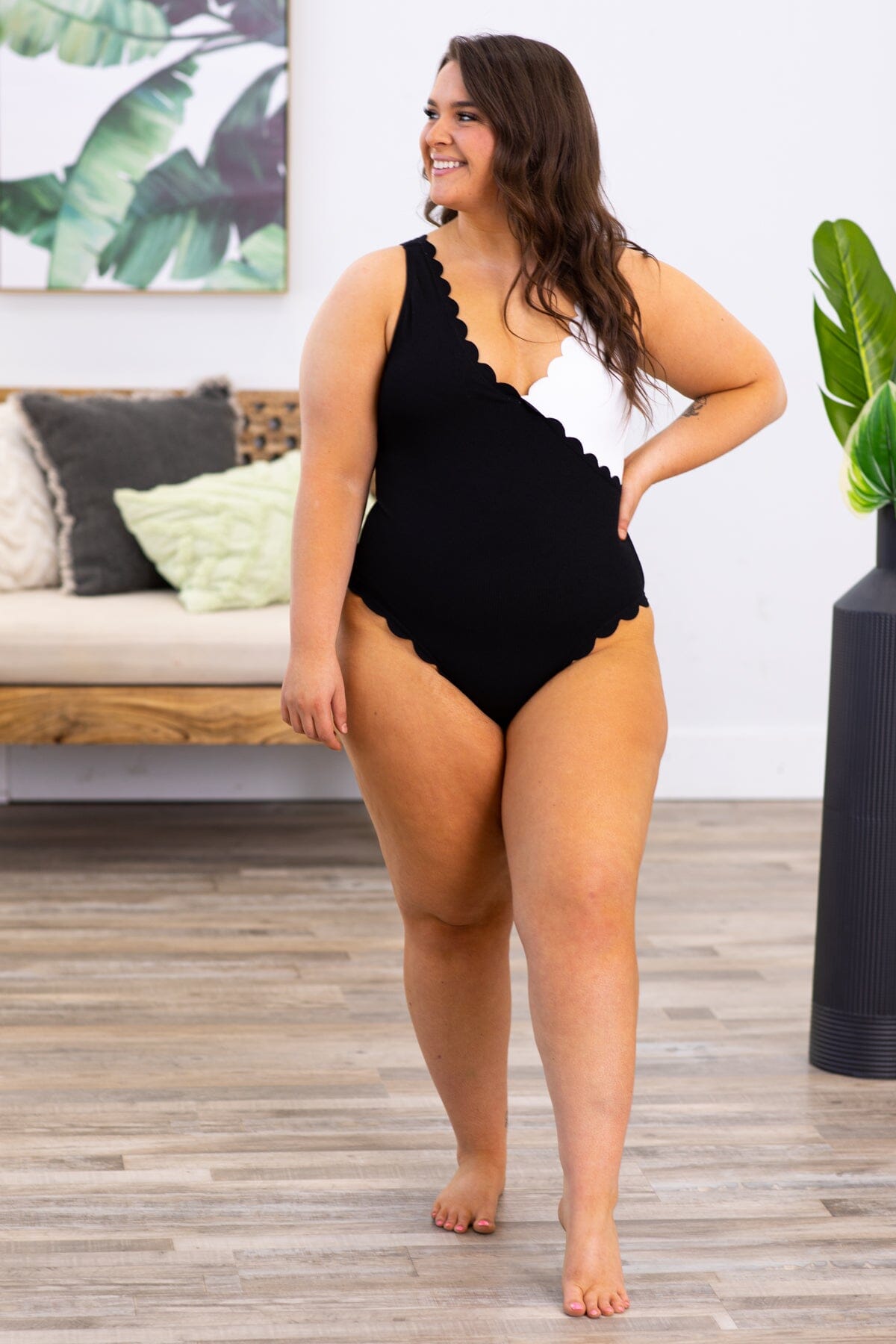 Black and White Scalloped One Piece Swimsuit