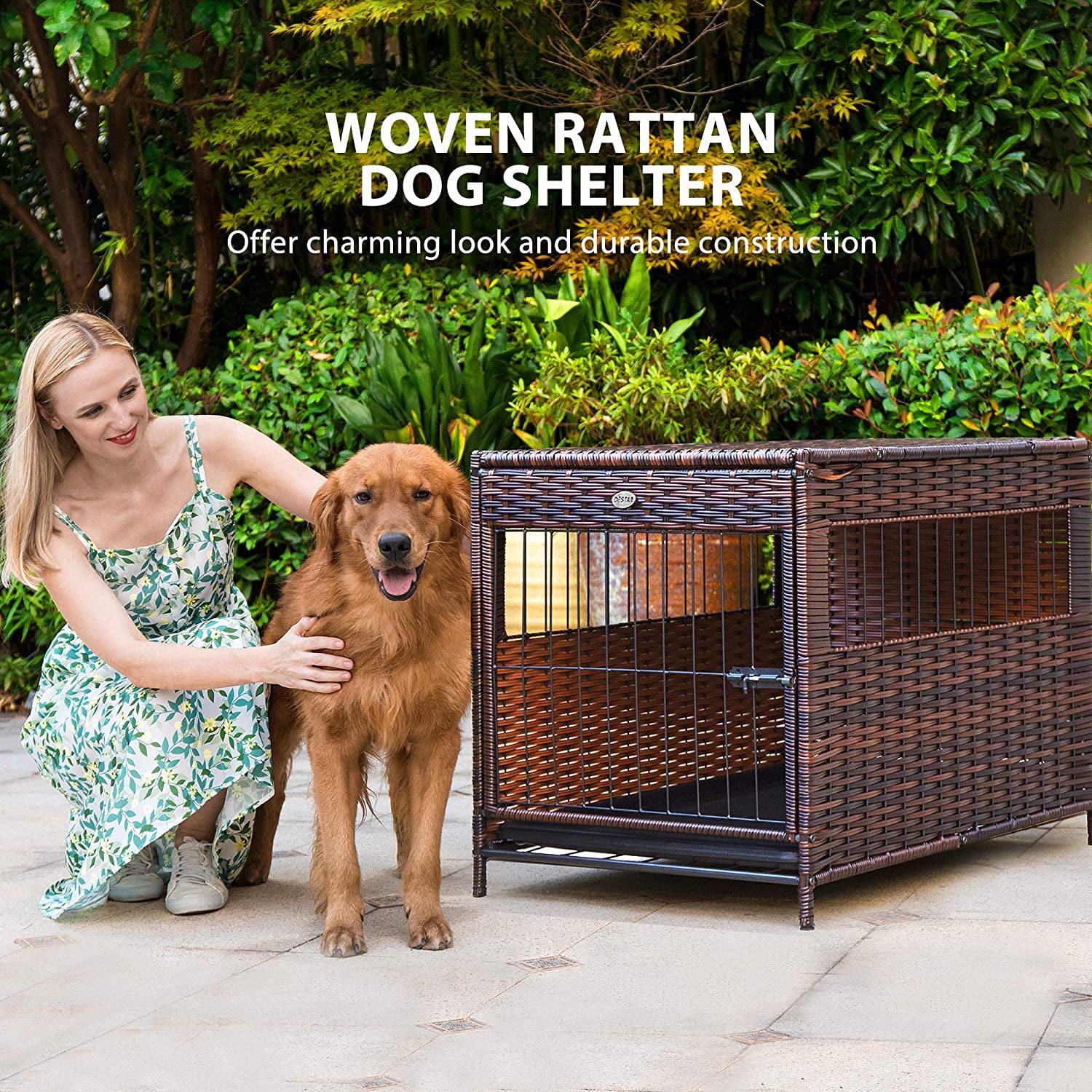 DEStar Heavy Duty PE Rattan Wicker Pet Dog Cage Crate Indoor Outdoor Puppy House Shelter with Removable Tray and UV Resistant Cover (Medium - 23