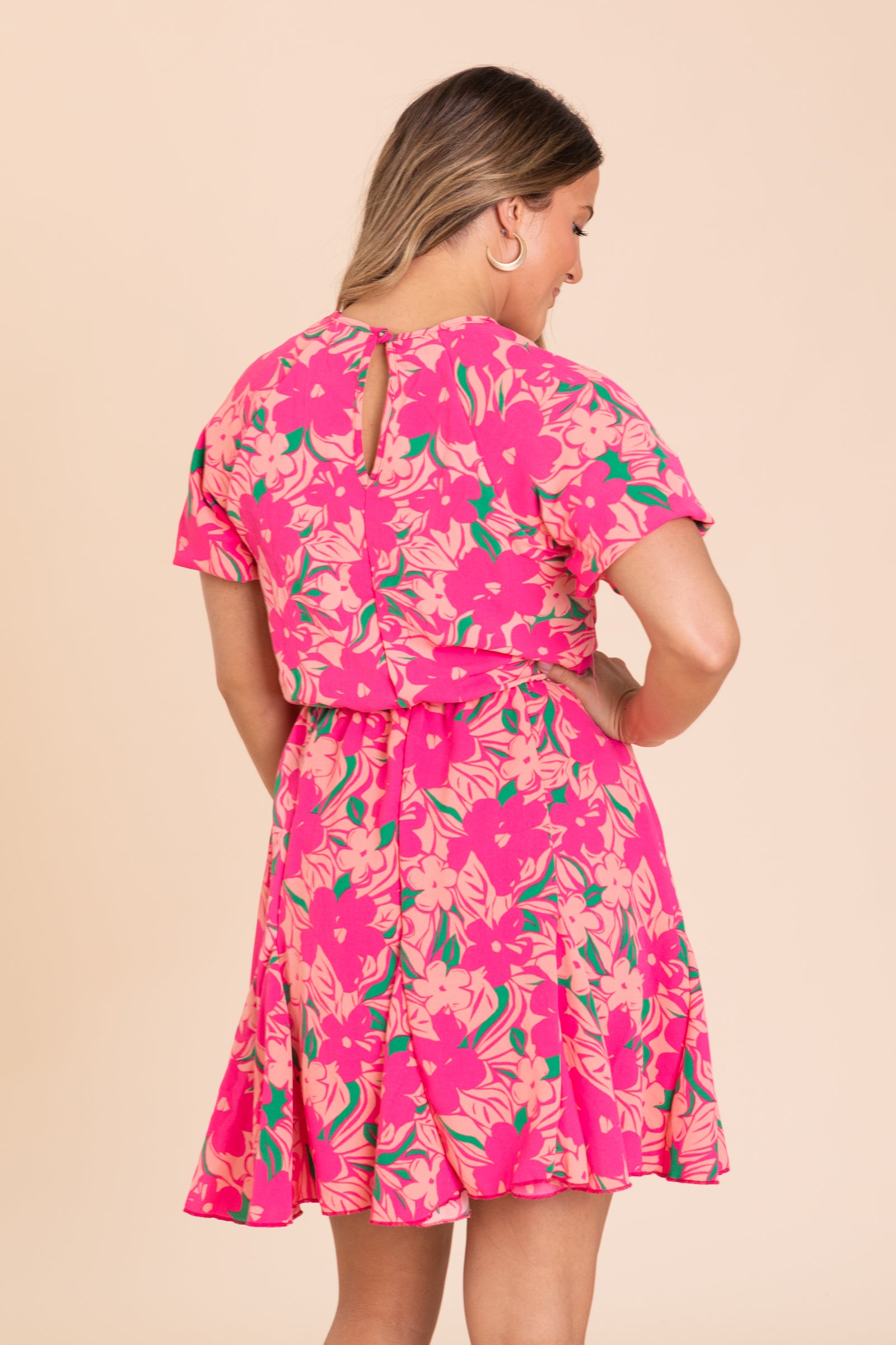 Hot Pink Floral Woven Dress With Elastic Waist