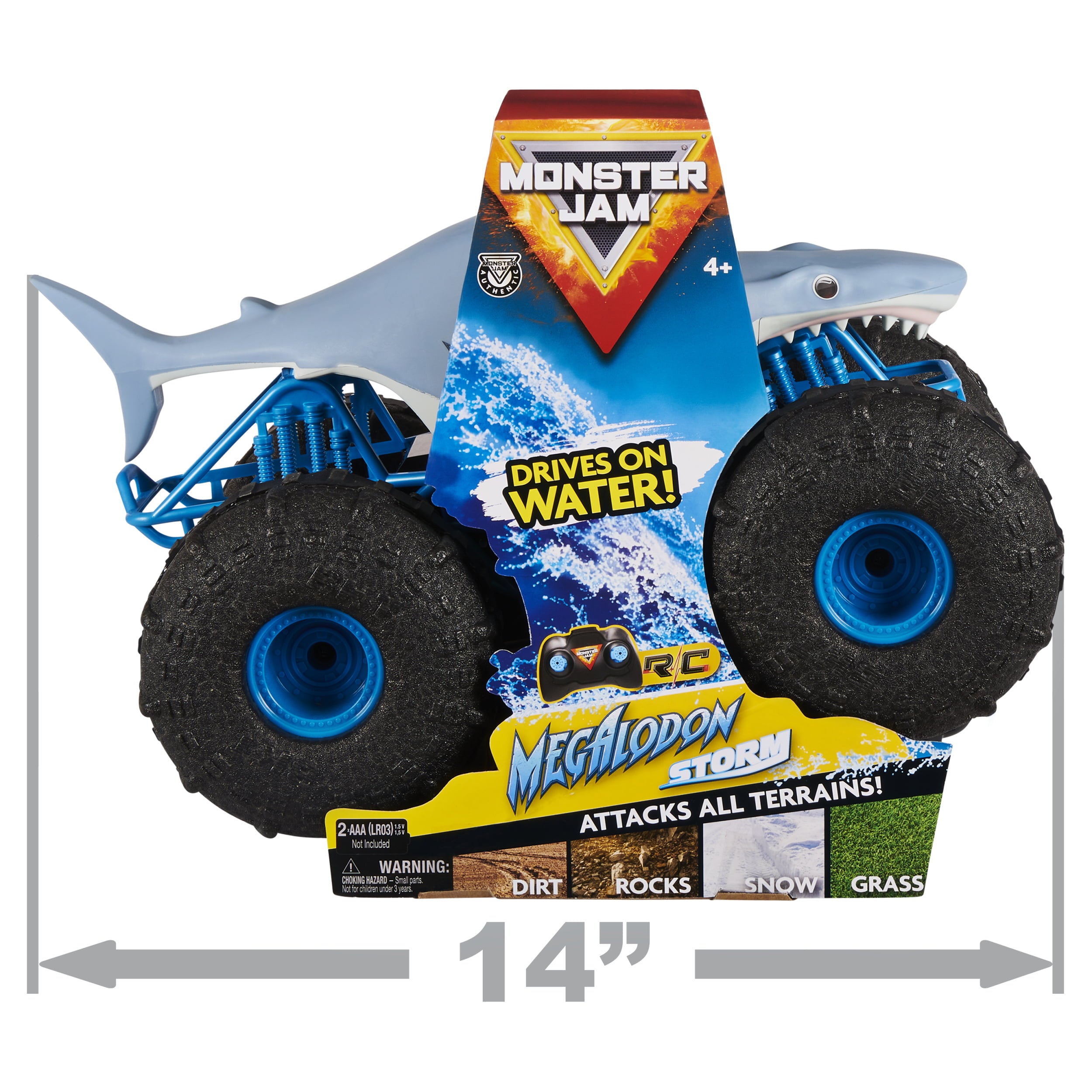 Monster Jam， Official Megalodon Storm All-Terrain Remote Control Monster Truck Toy Vehicle， 1:15 Scale