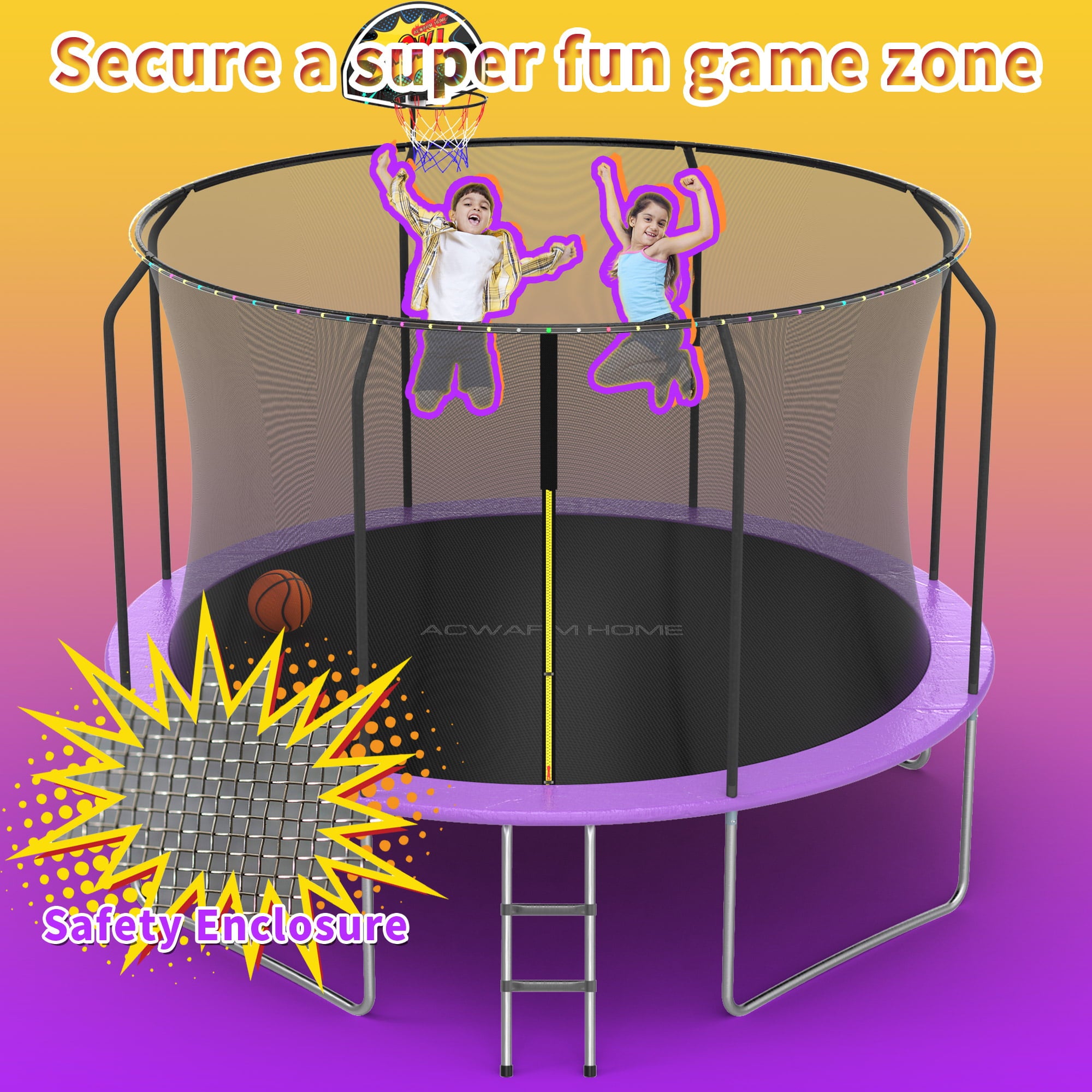 ACWARM HOME 10FT Purple Backyard Trampoline with Safety Net， Outdoor Trampoline for Kids with Ladder and Basketball Hoop， Large Trampoline