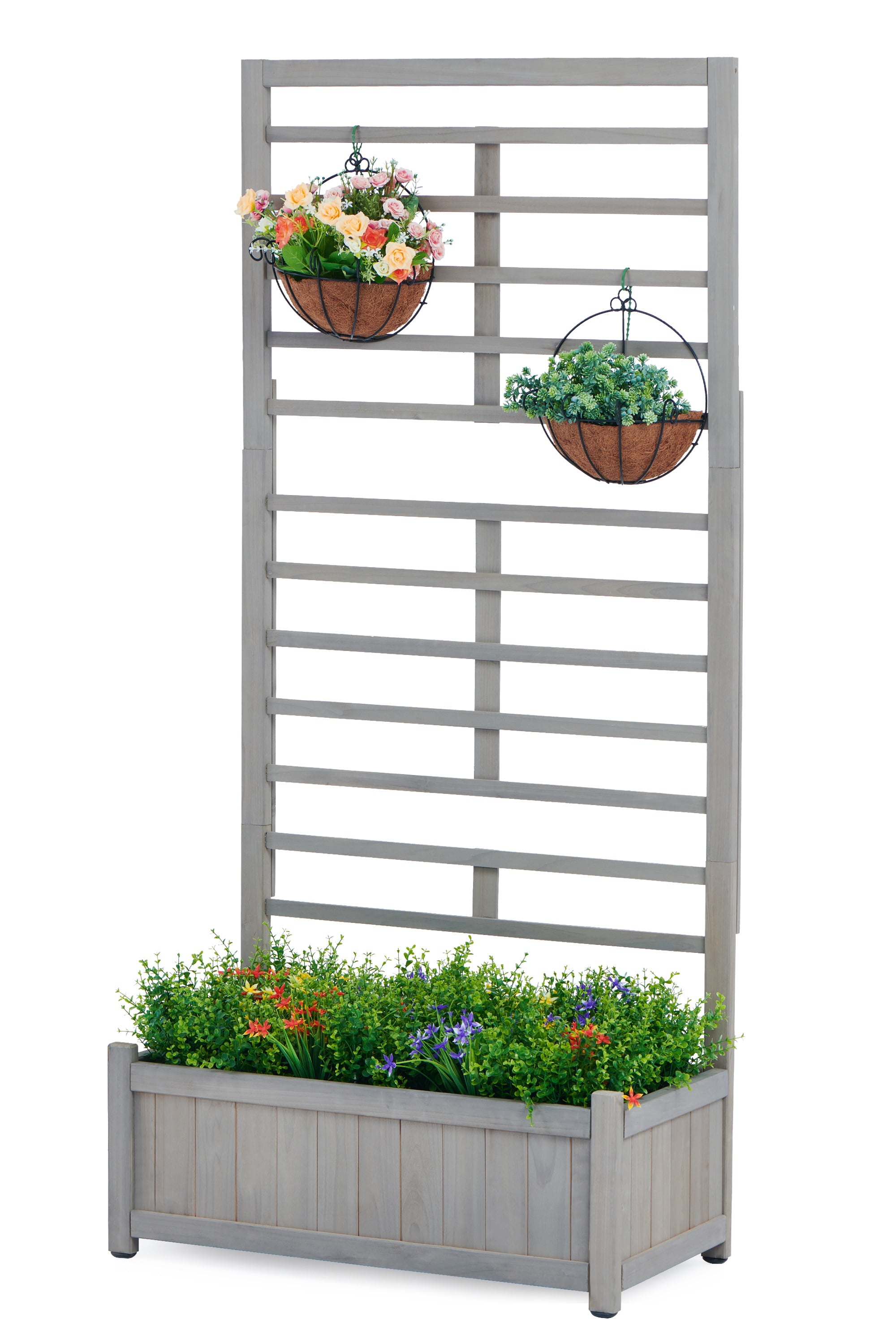 D-road 31.5x16x67" Wooden Raised Garden Bed W/ Adjustable Trellis, Climbing Racks Patio Planter Box, Gray
