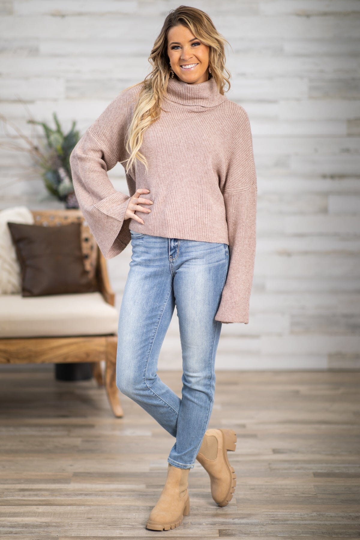 Mocha Ribbed Bell Sleeve Turtleneck Sweater