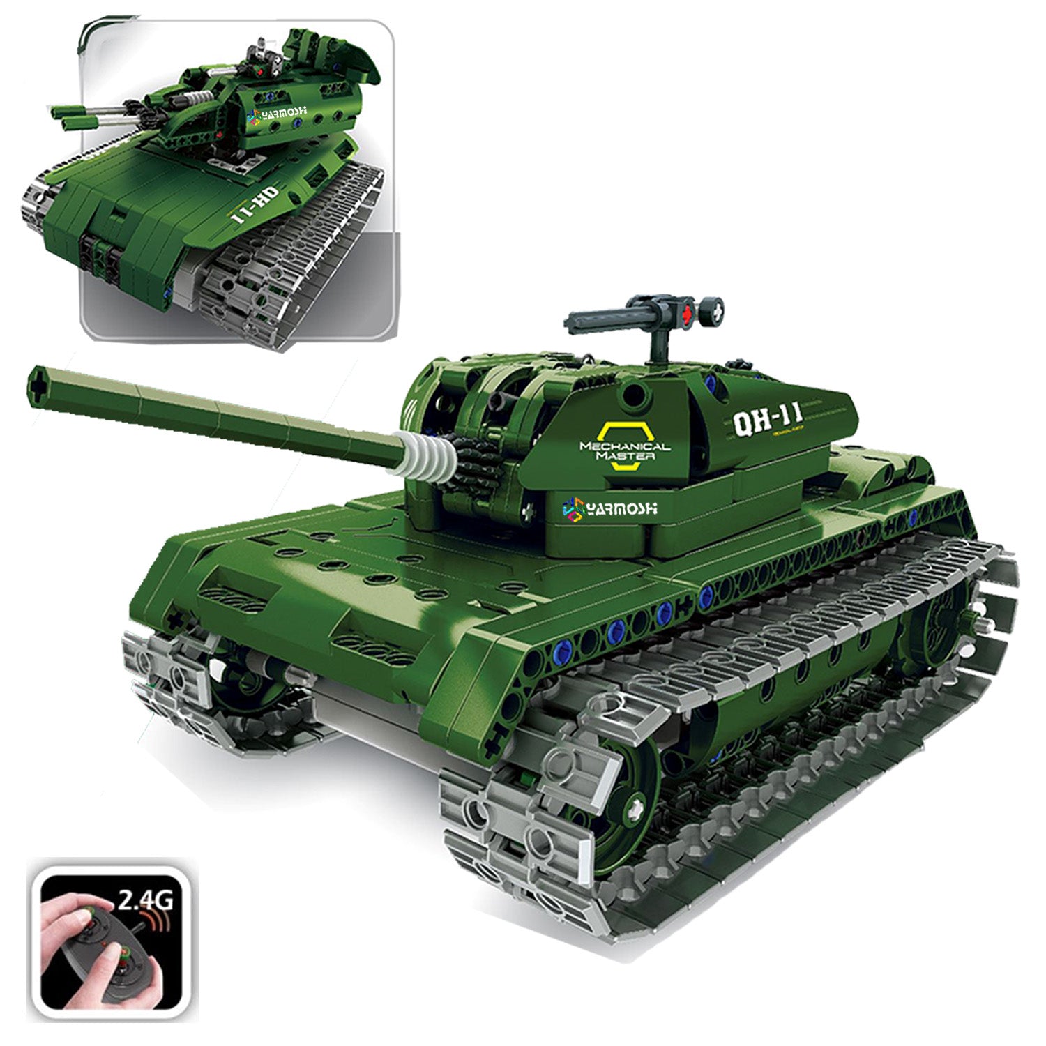 YARMOSHI RC Building Blocks Tank Green Engineering Educational STEM Gift for Boys and Girls Model Cars Kit 453 PCS Remote Control USB Charger for Kids Teens Adults