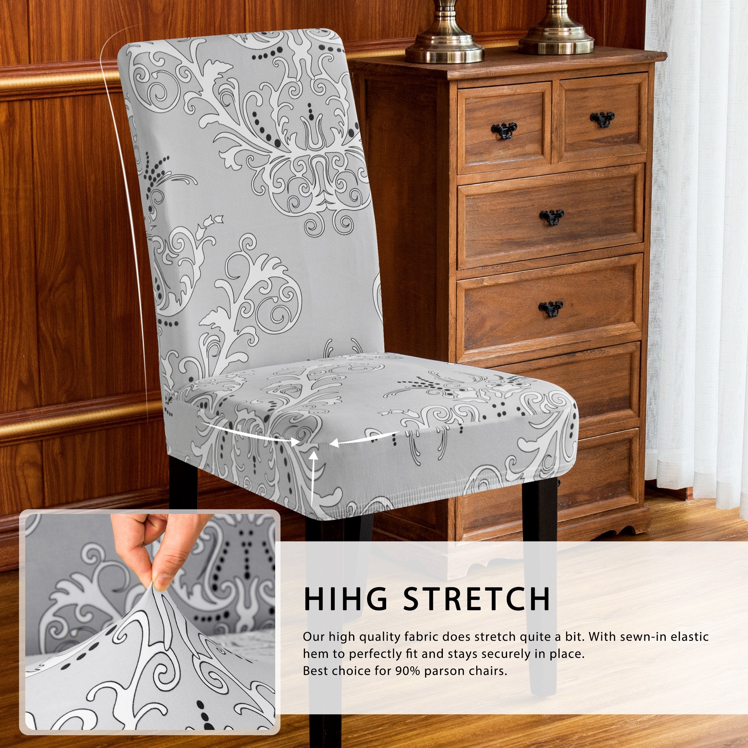 Subrtex Stretch Dining Chair Covers with Elastic Bottom, Printed&nbsp;Floral Stylish Furniture Protector (Set of 4, Gray)