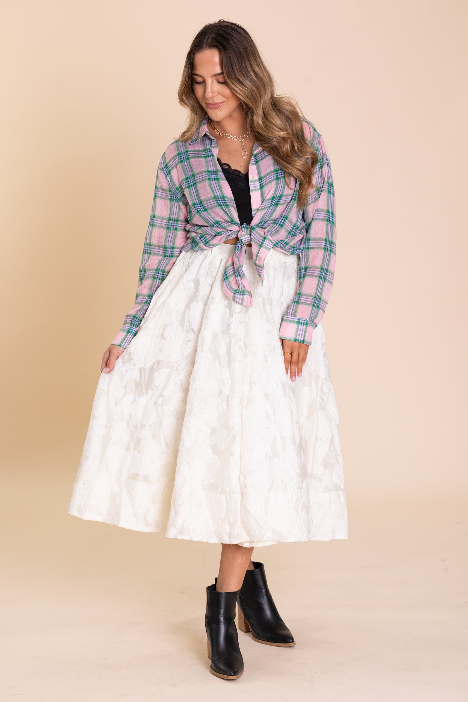 Cream Floral Print Elastic Waist Maxi Skirt