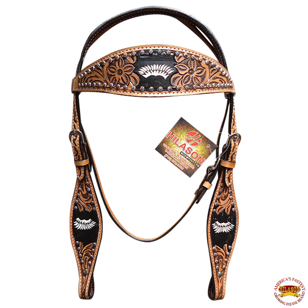 43BH Western Horse Headstall Tack Bridle American Leather Hand Carved Hilason