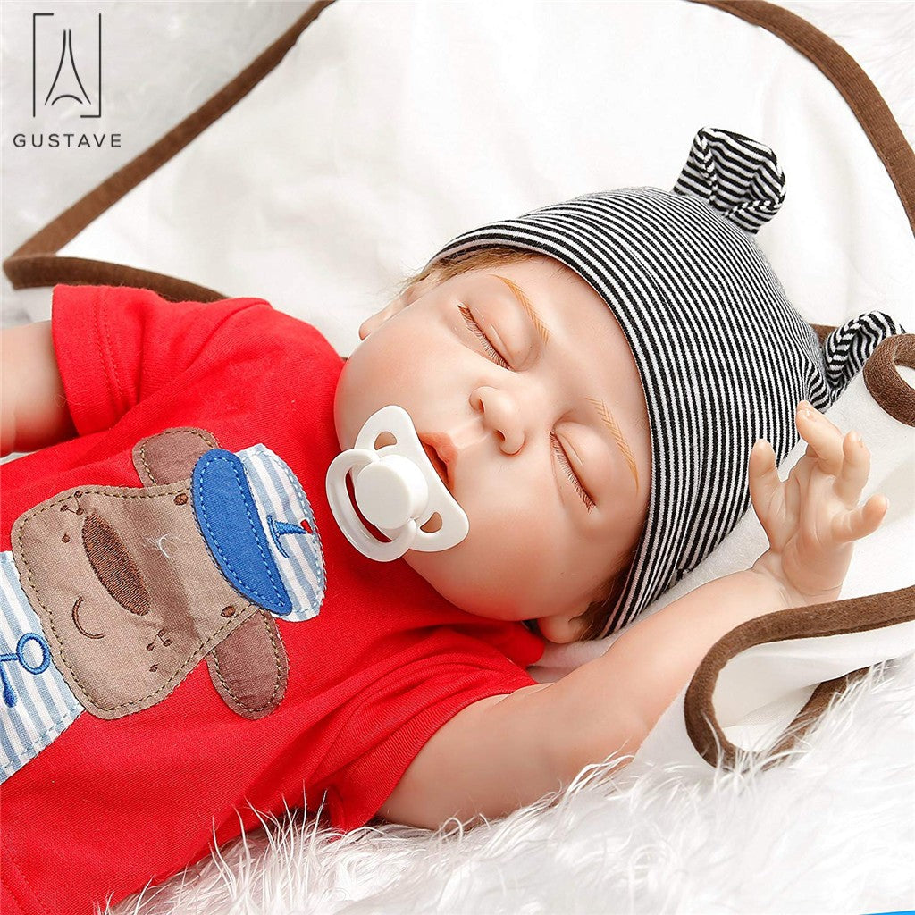 Gustave 22 Inch Reborn Baby Dolls Real Full Body Silicone Lifelike Sleeping Boy Dolls with Red Clothes