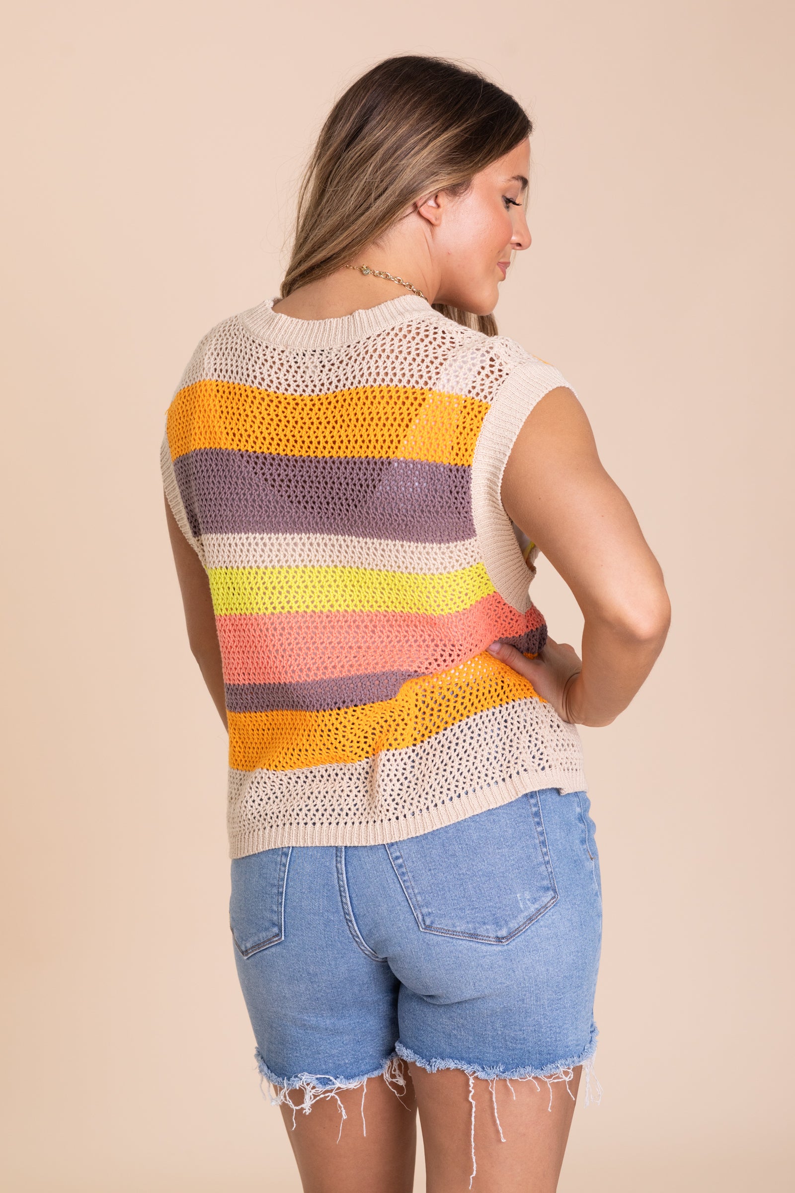 Tan Crochet Multi Stripe Knit Sweater Top