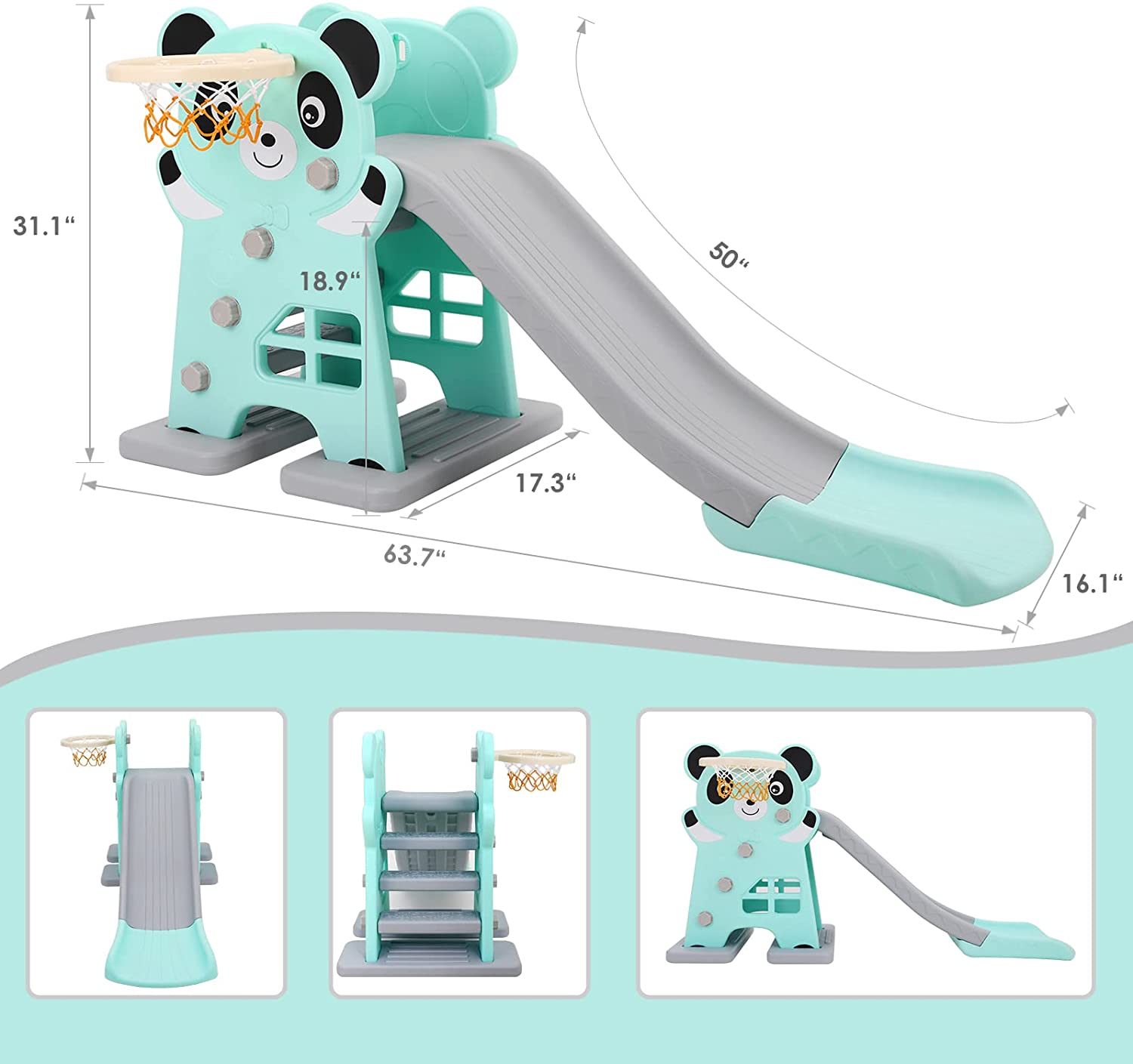 Arlopu Sturdy Kids Slide， Plastic Toddler First Slide Climber Set Indoor Outdoor Playground Toy with Basketball Hoop and Ball