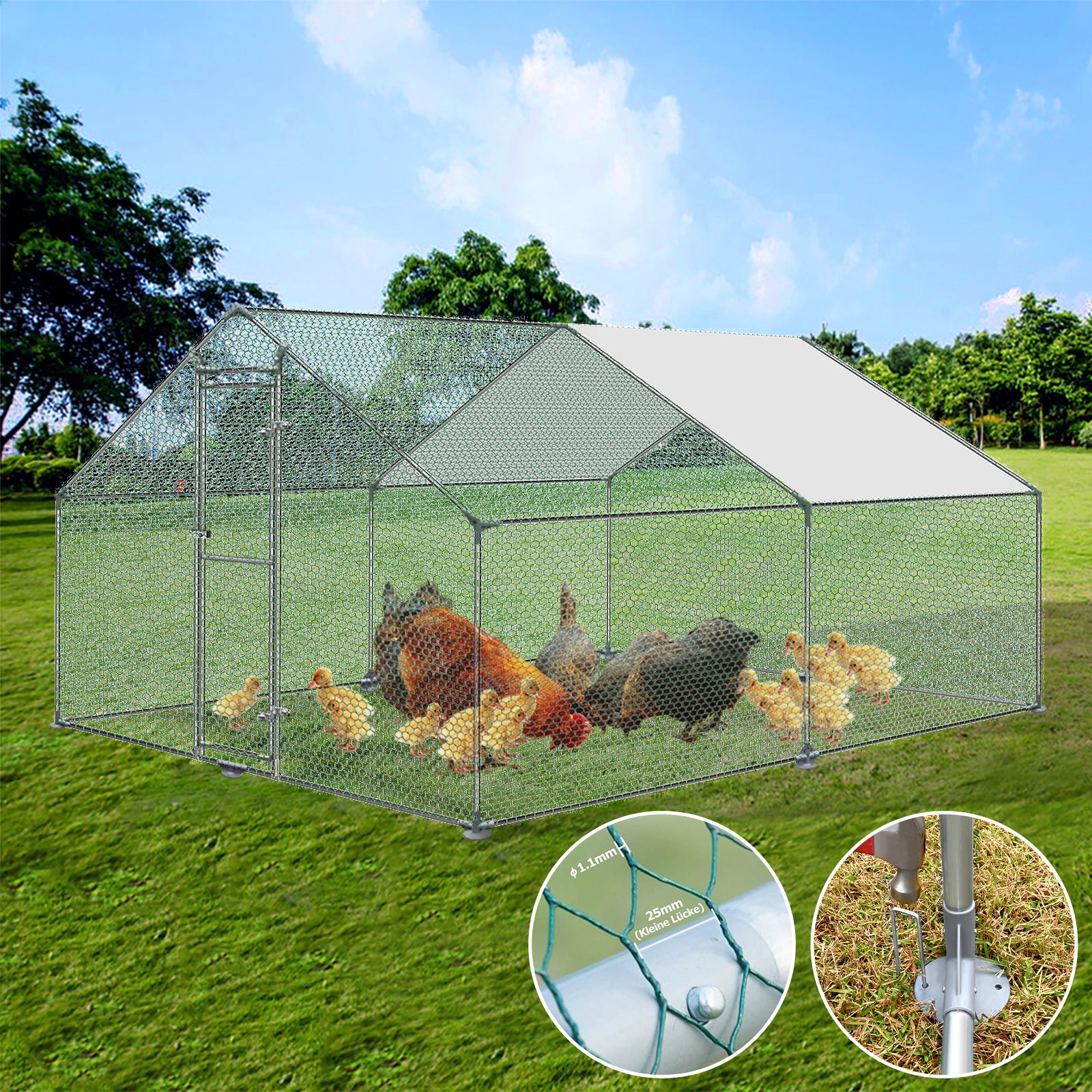 HENGMEI 118''x157''x78'' Large Chicken Run Coop Galvanized Metal Walk In Hen House Outdoor Chicken Poultry Cages Rabbit Hutch Steel Frame with PE Cover