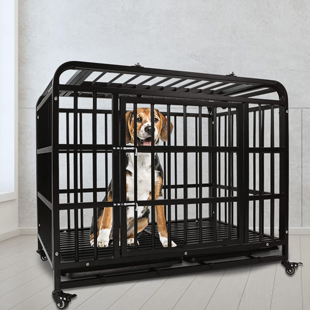 SMONTER 38 Inch Heavy Duty Dog Crate - Indestructible Dog Crate for Large Dog Strong Metal Dog Kennel Training Dog Cage Easy to Assemble Pet Playpen with Wheels Double Doors Removable Tray， Black