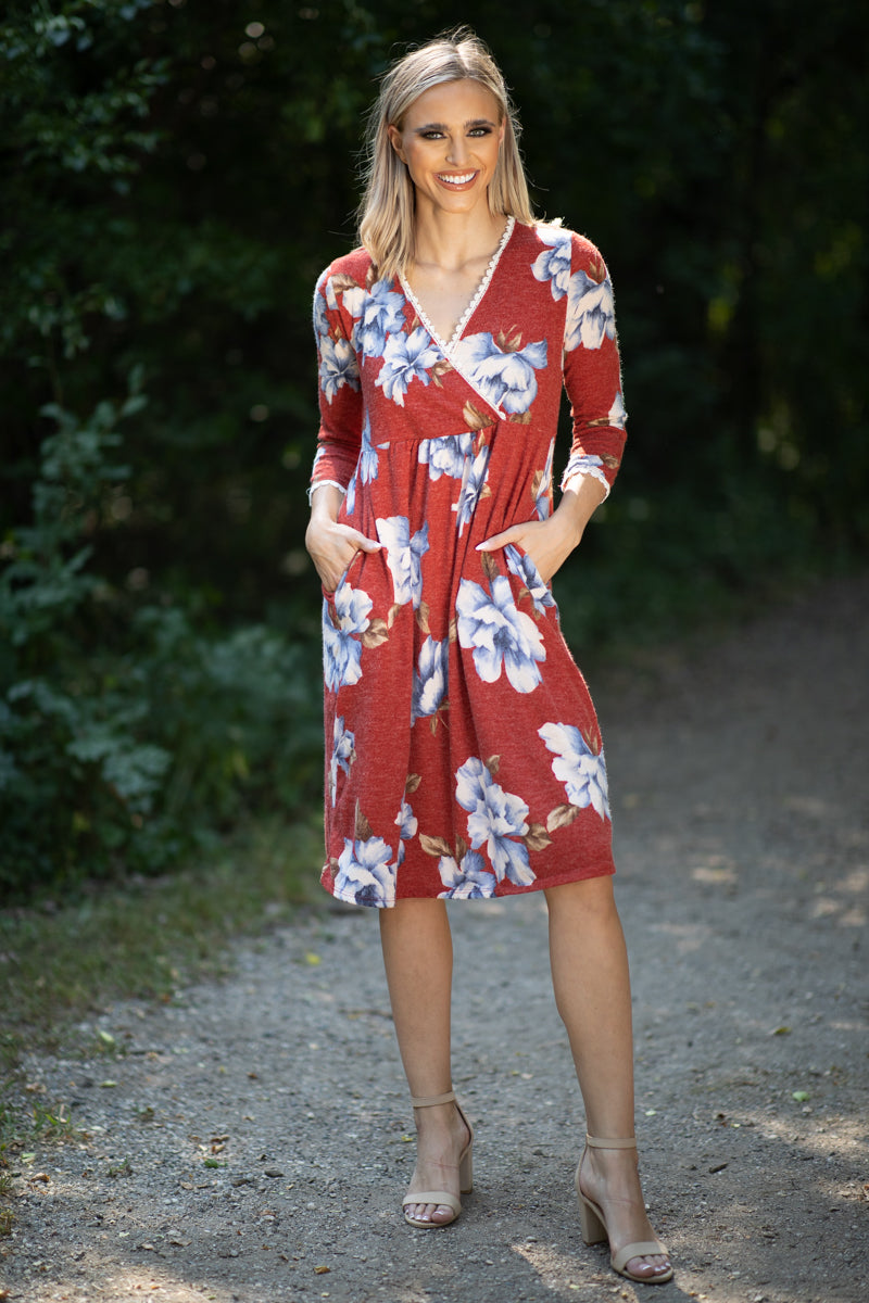 Cranberry and Blue Floral Surplice Front Dress