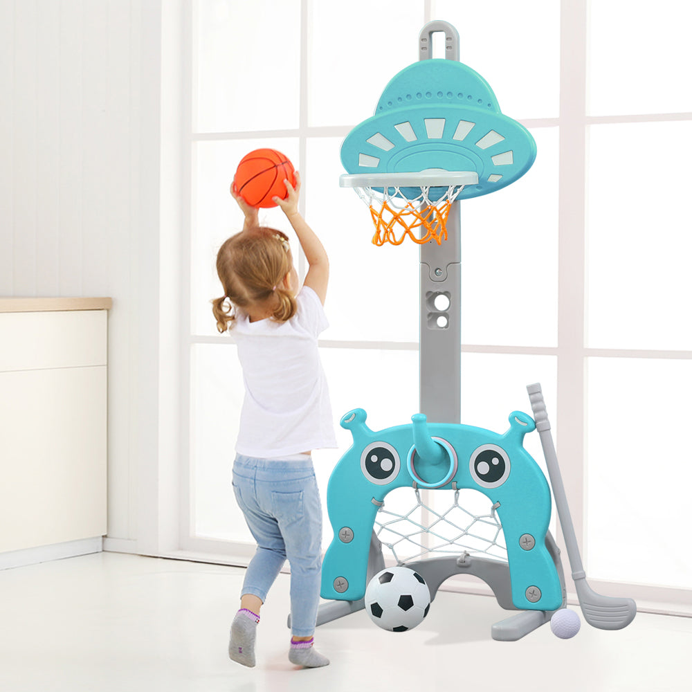 Kids Basketball Hoop 5 in 1 Toddlers Grow with Me Sports Activity Center Football Soccer Goal Golf Game Ring Toss Set for Indoor Outdoor， 3.8 to 5 Feet Height Adjustable， Green