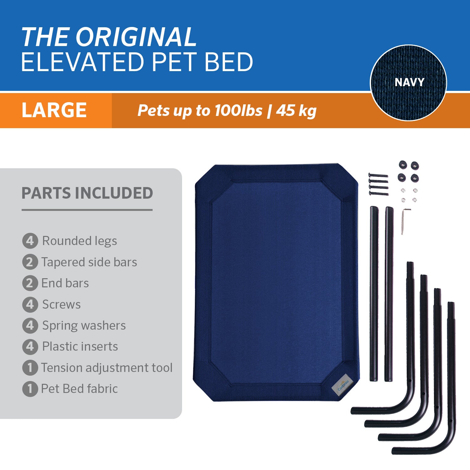 The Original Coolaroo Elevated Pet Dog Bed for Indoors and Outdoors， Large， Navy Blue