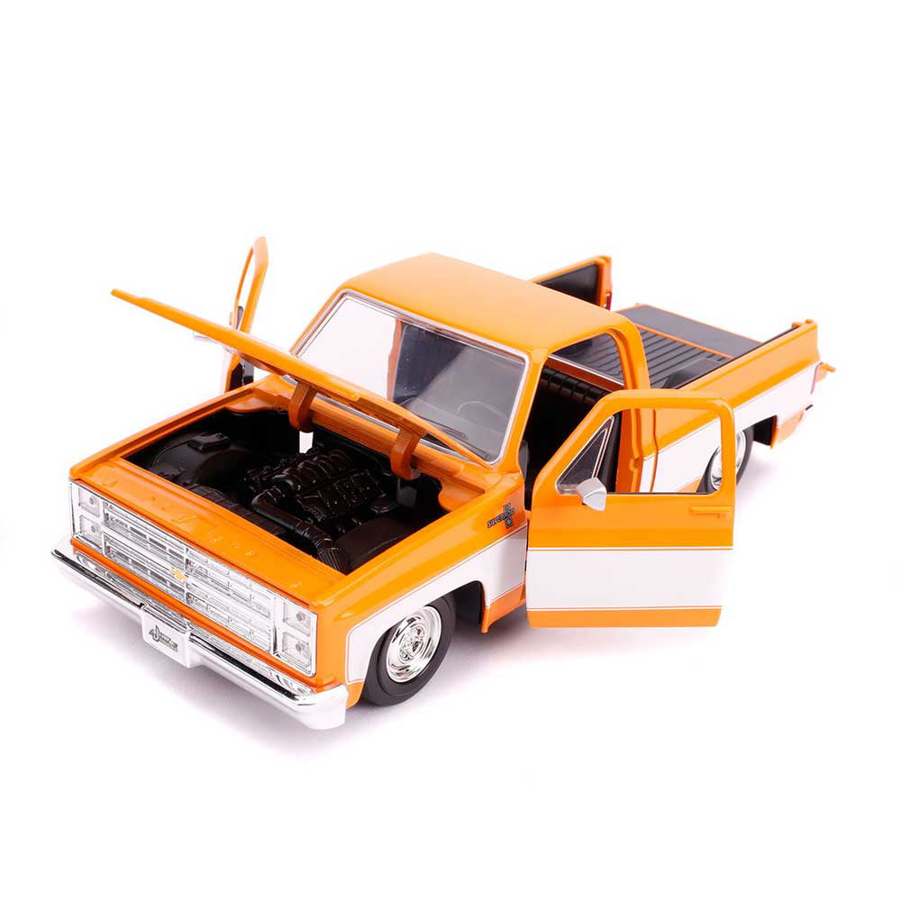 Jada 31607-MJ 1985 Chevrolet Silverado C-10 Pickup Truck Custom Wheels Orange and White Just Trucks 1 by 24 Diecast Model Car
