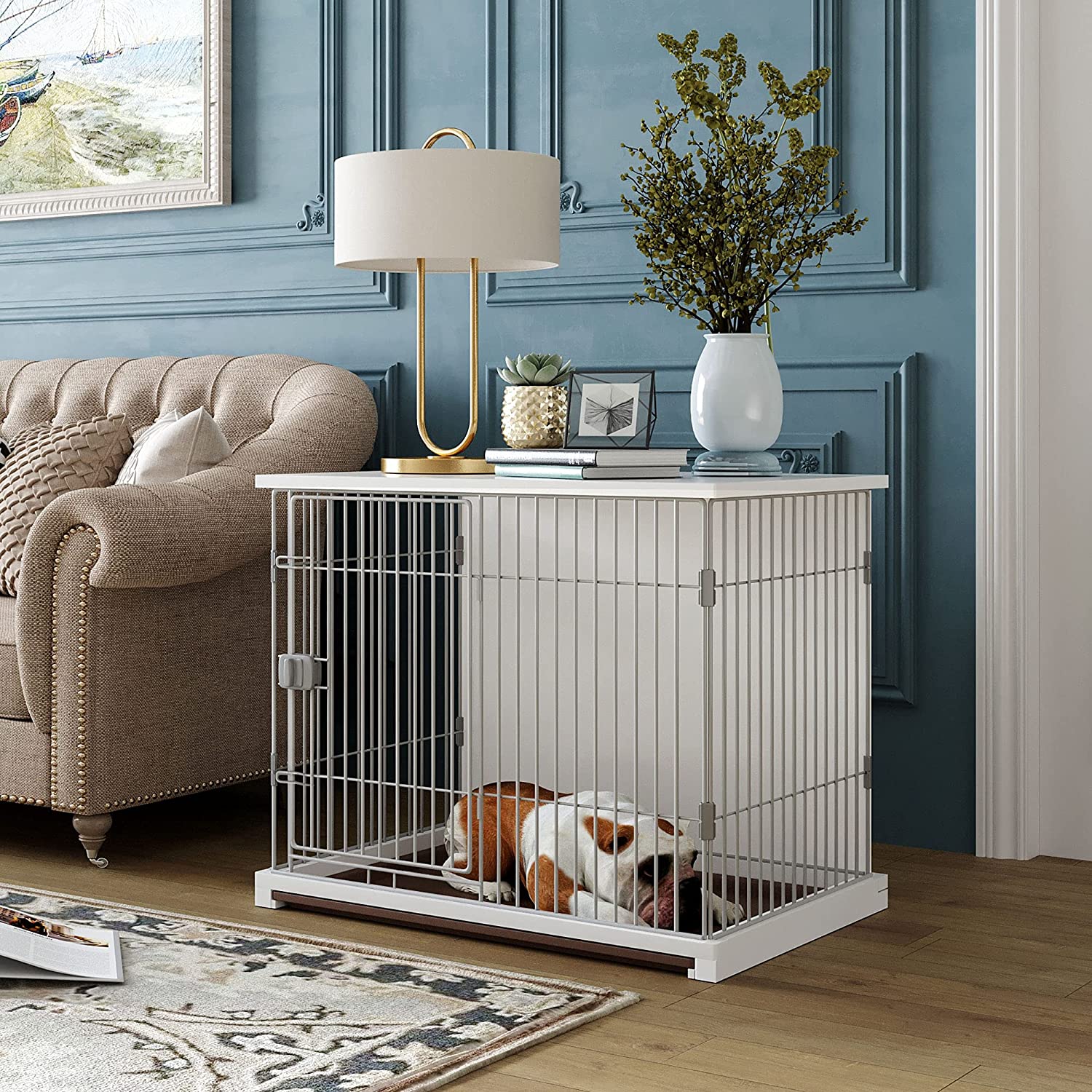 White Dog Crate， 34” Length Single Door Pet Dog House Cage with Movable Salver