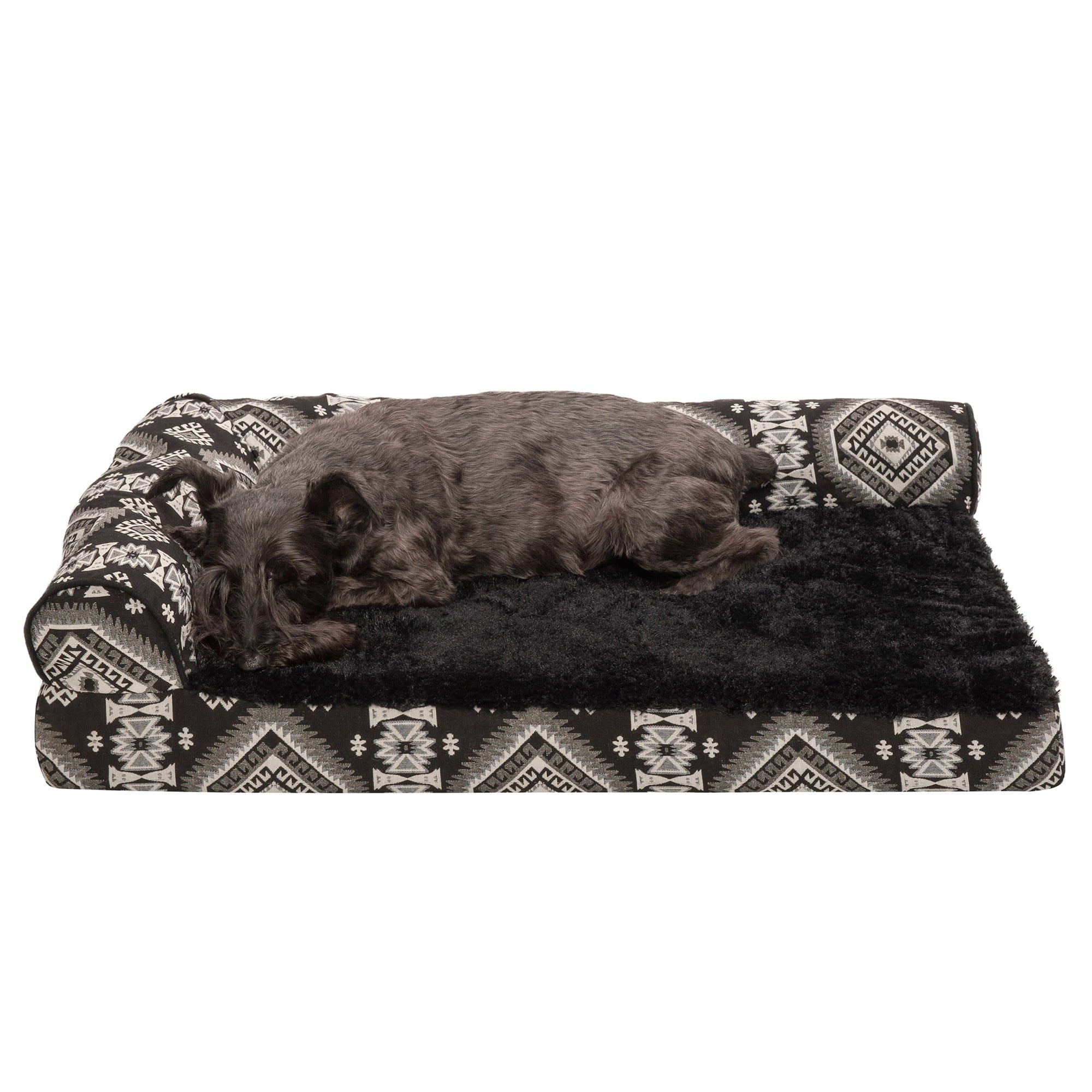 FurHaven Pet Products | Deluxe Orthopedic Southwest Kilim L-Chaise Lounge Pet Bed for Dogs and Cats - Black Medallion， Medium