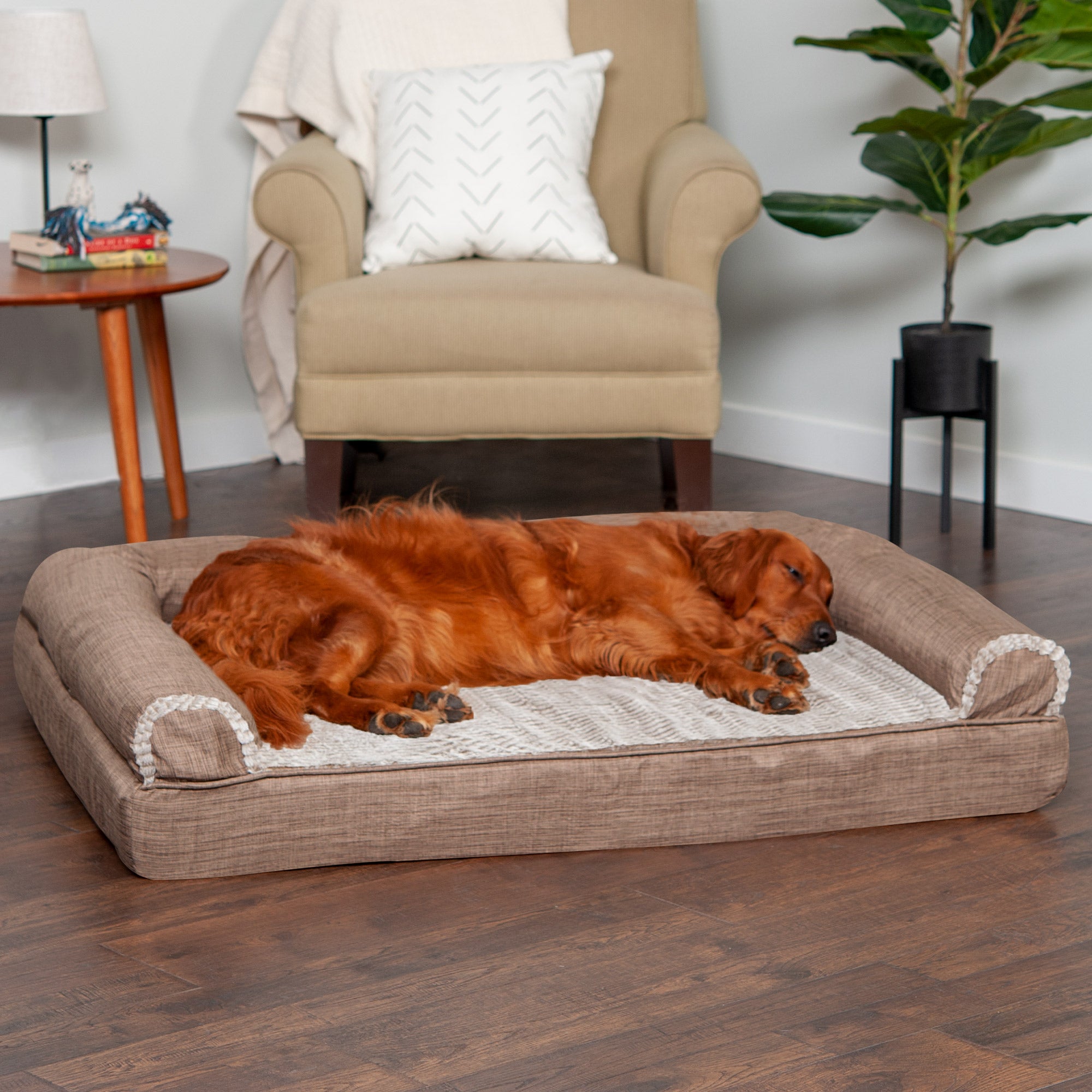 FurHaven Pet Products | Memory Foam Luxe Fur and Performance Linen Sofa Pet Bed for Dogs and Cats - Woodsmoke， Jumbo