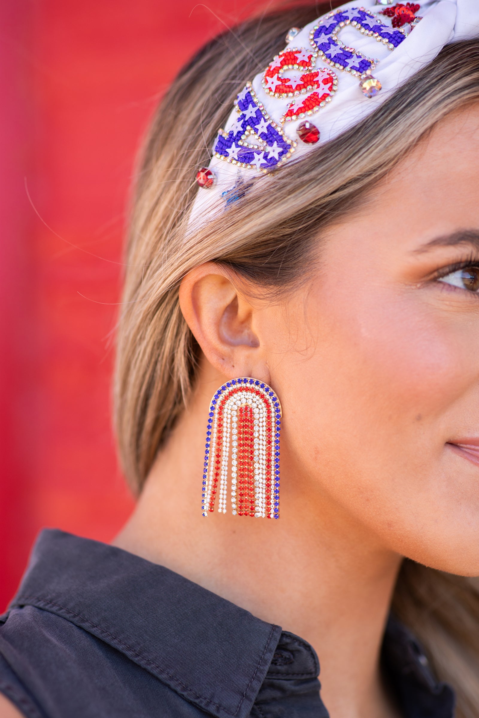 Blue and Red Rhinestone Fringe Earrings