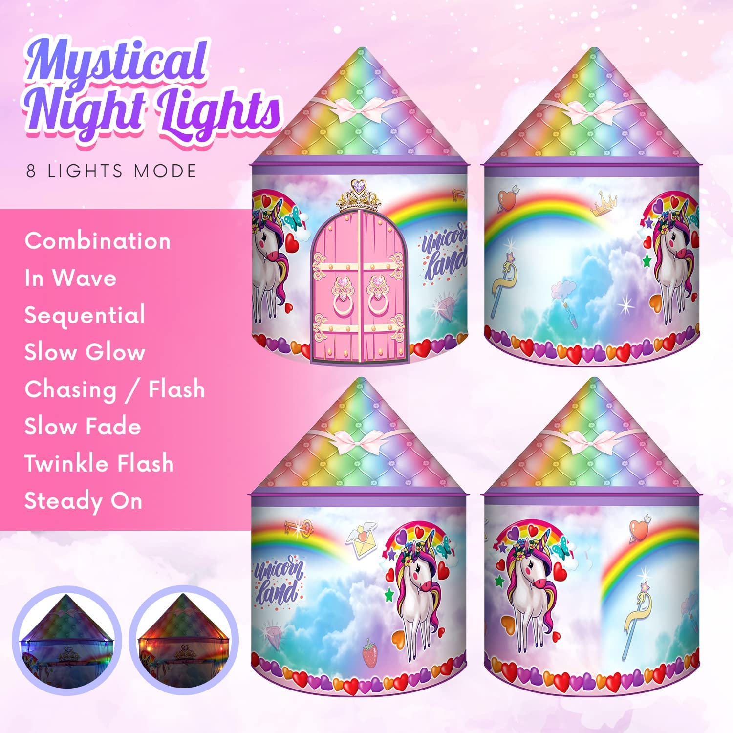 Homeries Unicorn Kids Tent - Sturdy, Large Play Tent Castle Set with Unicorn Chariot Toy & 8 Modes of Mystical LED Lights