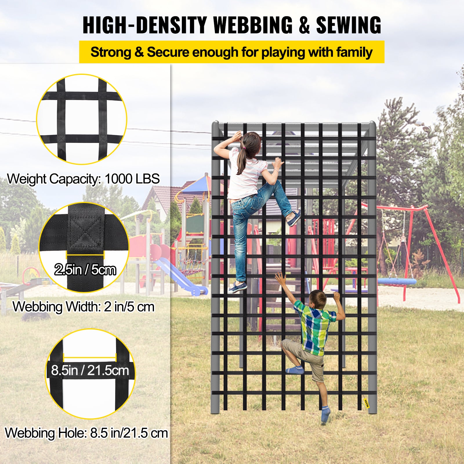 VEVOR Climbing Cargo Net， 11' x 6' Playground Climbing Net， Polyester Material， Rope Ladder， Swingset， Large Military Climbing Cargo Net for Kids and Adult， Indoor and Outdoor， Treehouse， Jungle Gyms
