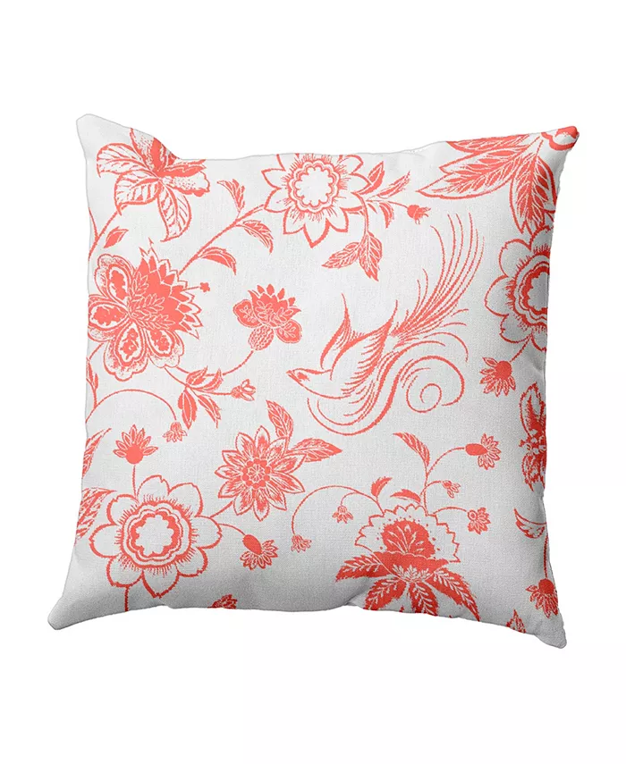 E by Design Traditional Bird Floral 16 Inch Coral Decorative Floral Throw Pillow
