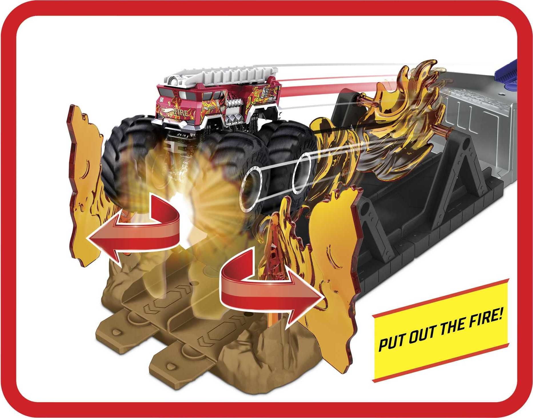 Hot Wheels Monster Trucks Fire Through Playset with 1:64 Scale 5-Alarm Toy Truck and Launcher