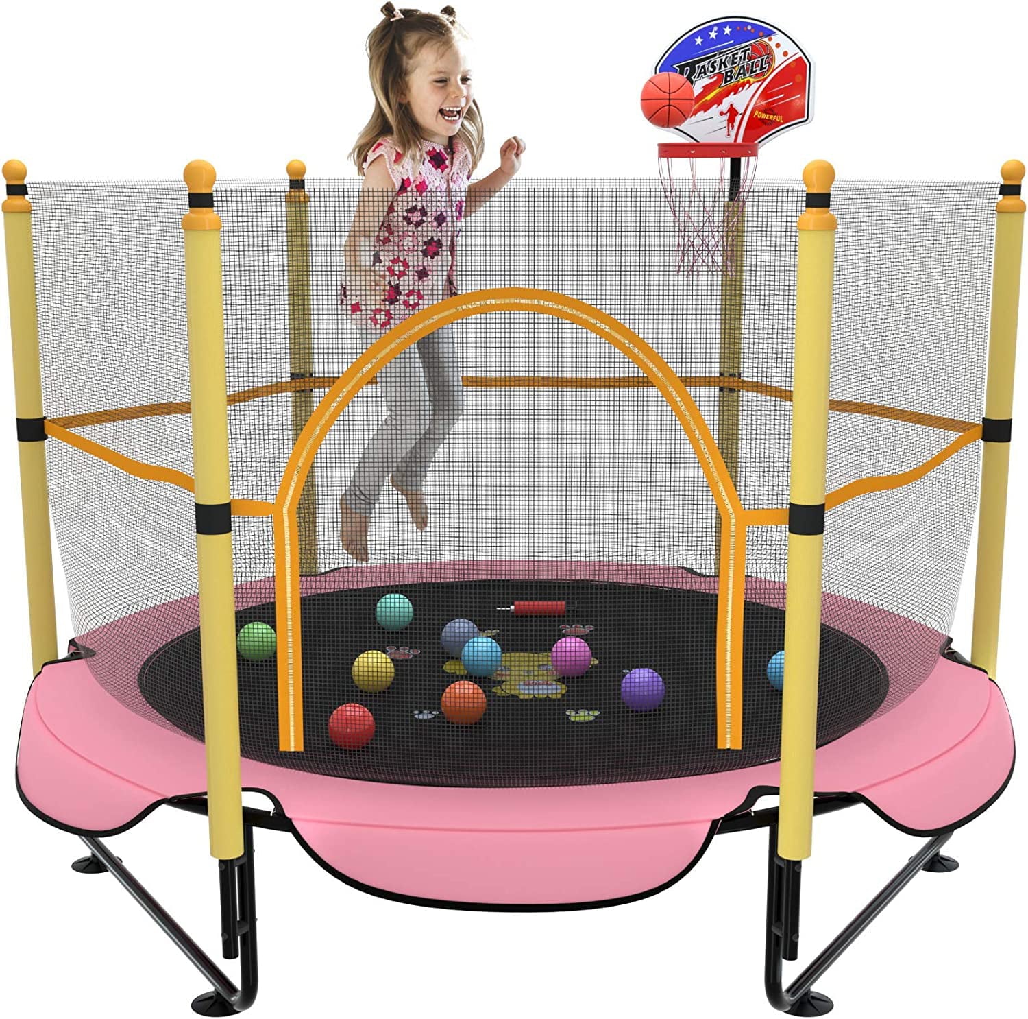 Reliancer 5FT Trampoline for Kids Toddler Indoor Trampoline with Safety Enclosure Net Mini Basketball Hoop Jumping Mat for Home Entertainment Equipment Outdoor Backyard Games