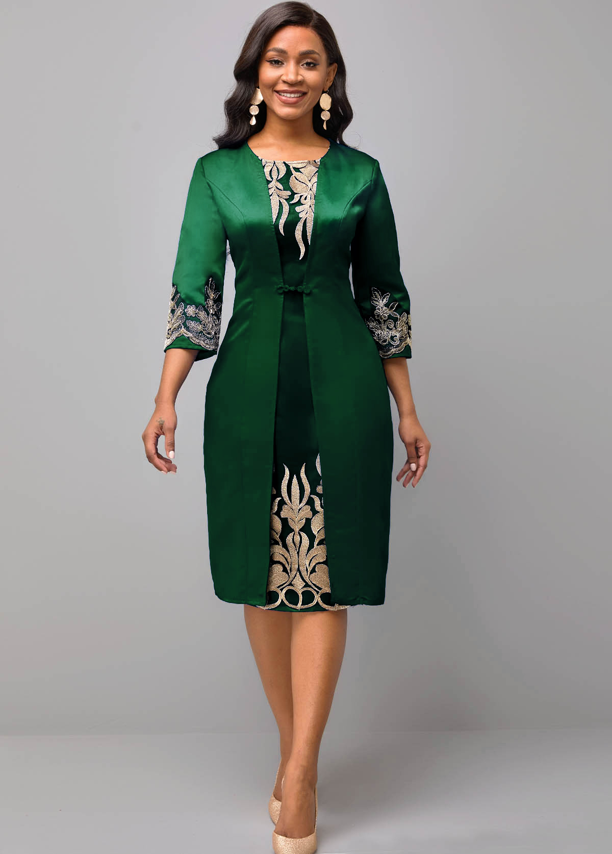 Round Neck 3/4 Sleeve Embroidered Dress