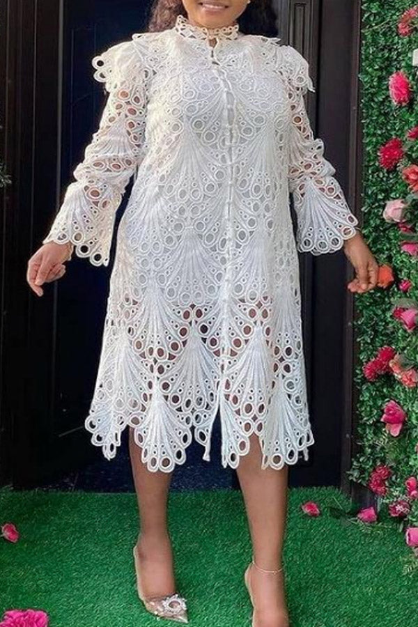 Hollow Flying Sleeves Elegant Wavy Lace Dress