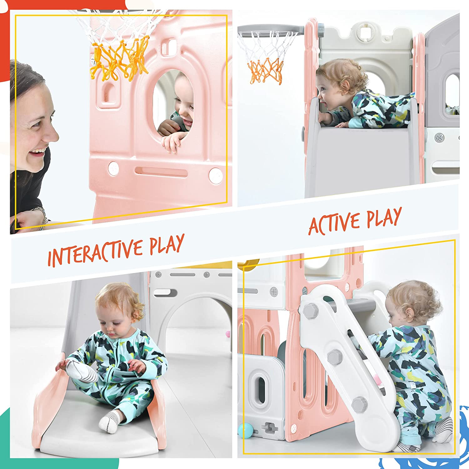 Track 7 Kids Slide 6-in-1，Kids Playground Slide with Climber，Basketball Hoop，Tunnel and Storage Space，Outdoor Indoor Slide Playset for Toddlers Age 1+，Pink