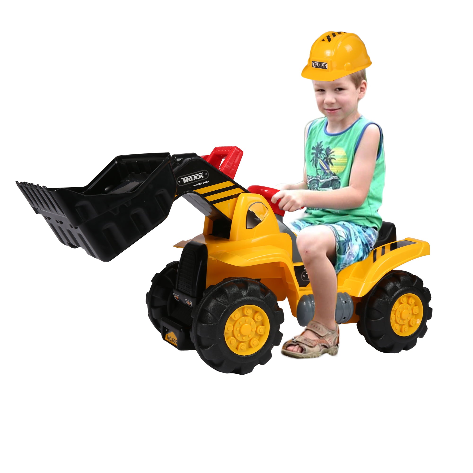 KARMAS PRODUCT Toddlers Ride-on Bulldozer Toy with Simulated Sounds - Kids Boys Construction Truck Vehicle with Bucket， Steering Wheel， Helmet， Rocks