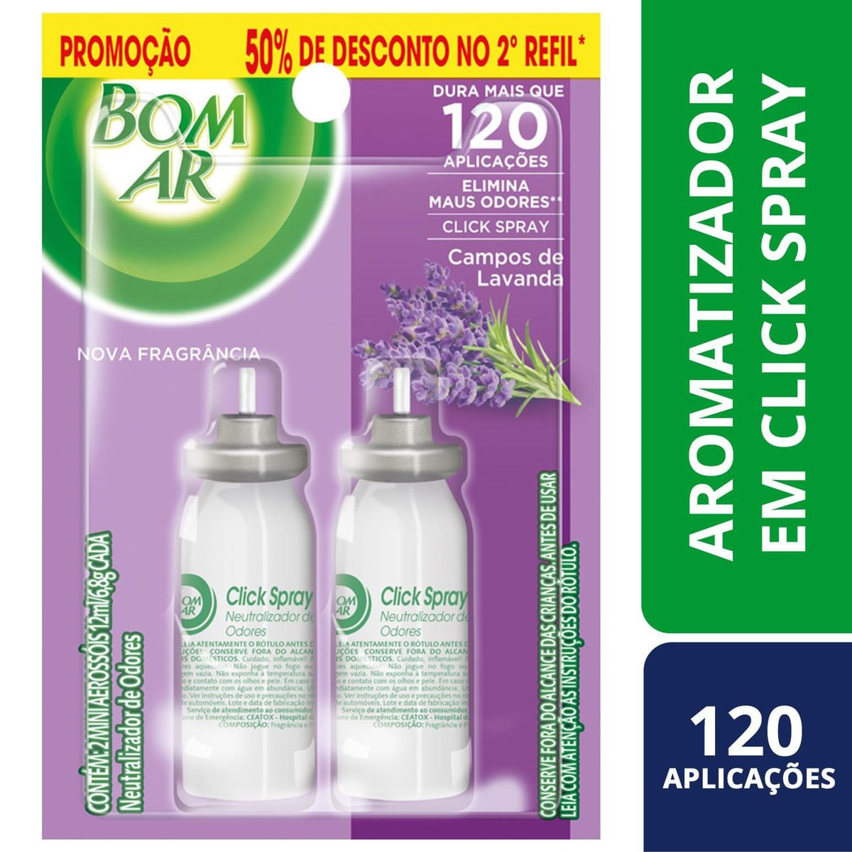 Aromatizador Bom Ar Click Spray Refil 50% off na 2a Unidade Campos de Lavanda