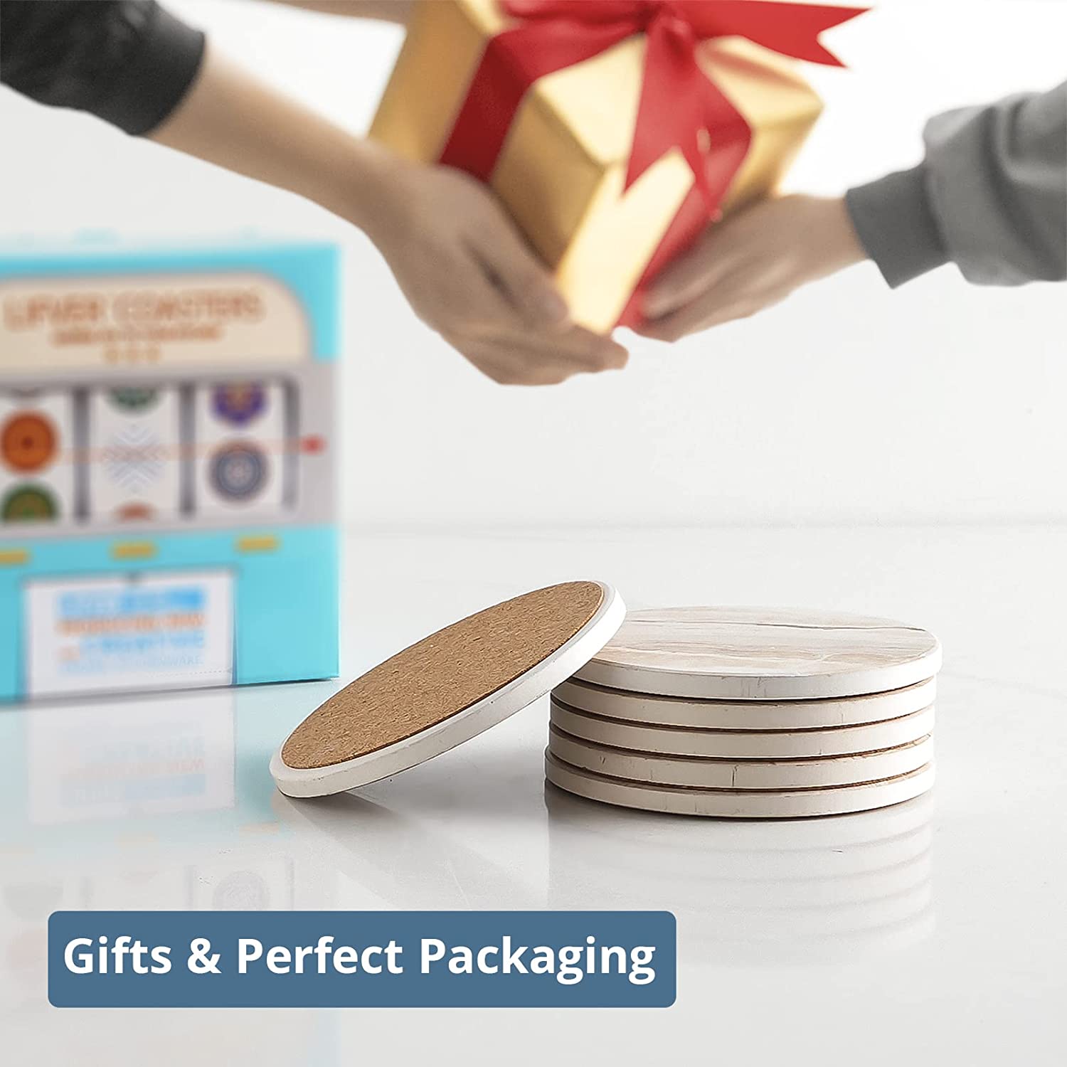 LIFVER Drink Coasters 6 Pieces Ceramic， Absorbent Coasters for Drinks ，Stone Style Coaster Set with Cork Base for Wooden Table