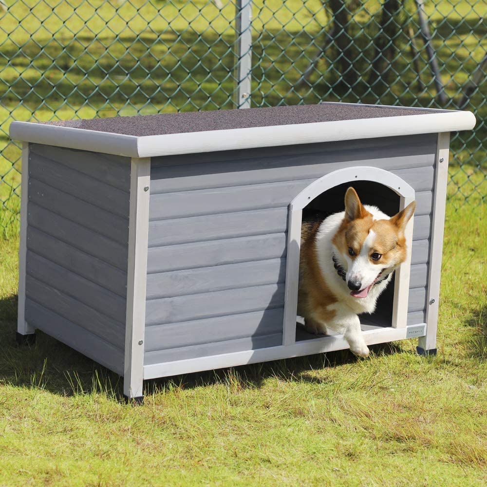 Wooden Dog House，Outdoor Pet Kennel， Solid Wood， Weather Proof， Light Grey， Medium/40.8 X 26 X 27.6 Inch